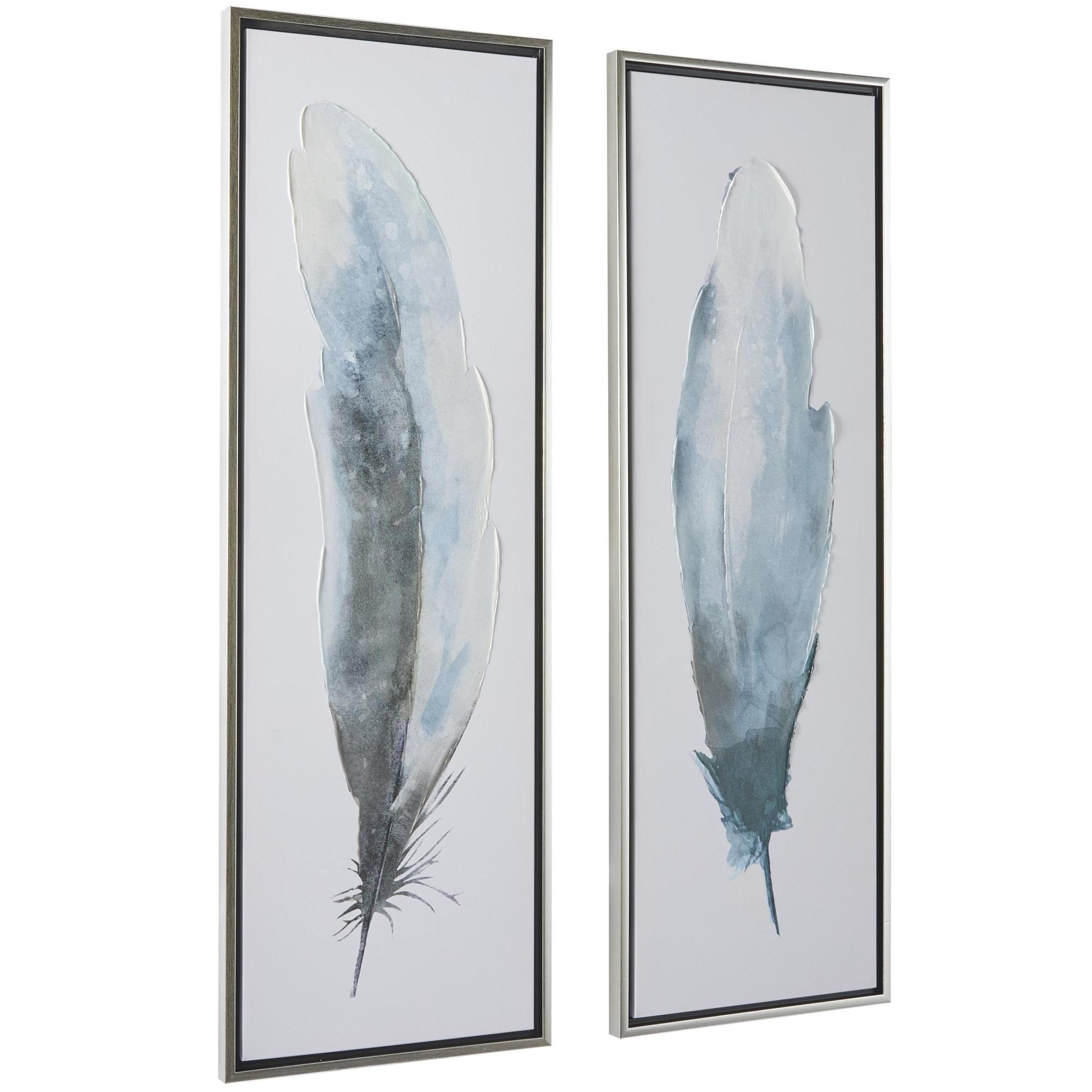 Set of 2 Bird Blue Canvas Feathers Living Room Framed Wall Art with Silver Frame