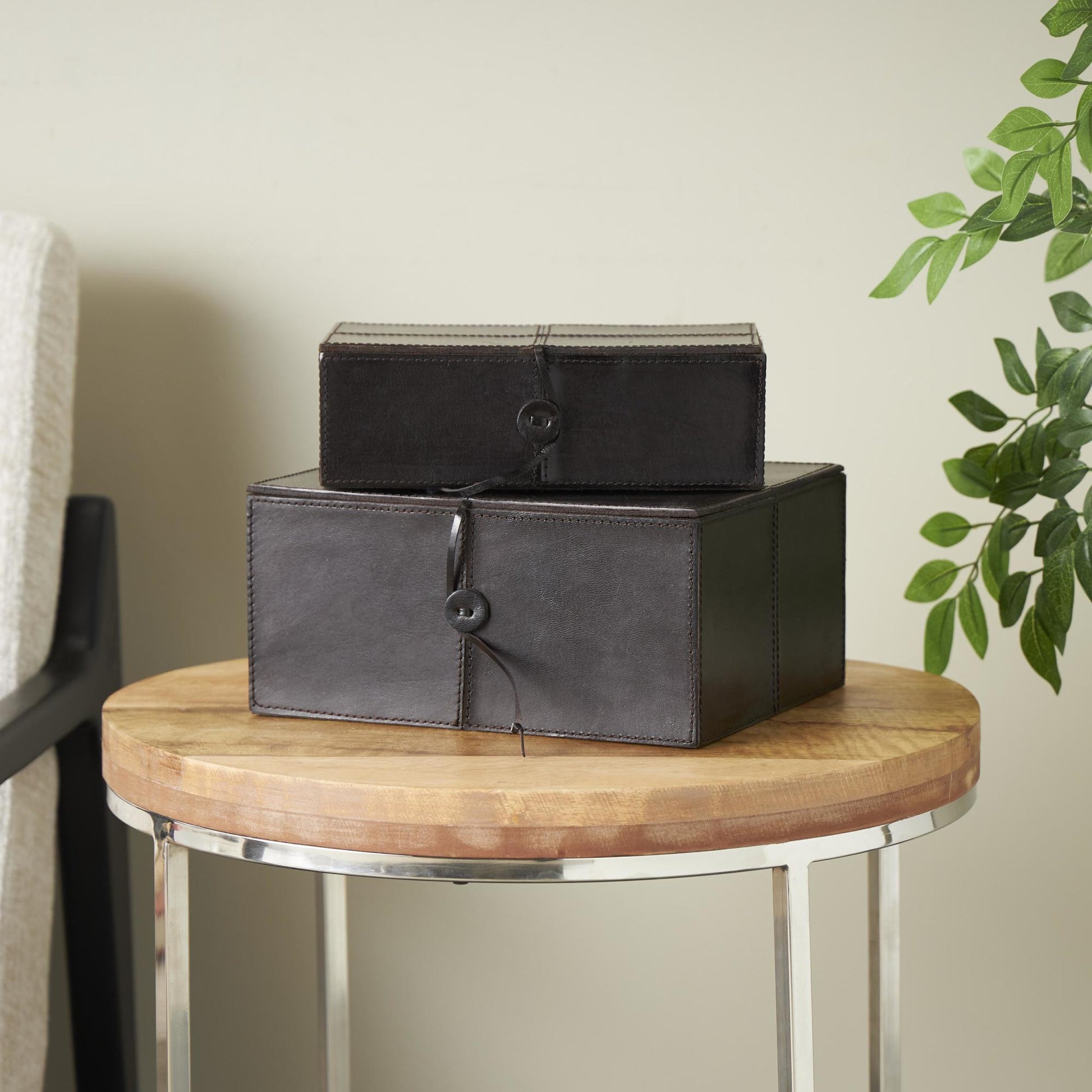Set of 2 Leather Handmade Cowhide Storage Decorative Box with Leather Loop Closure and Stitching Detail