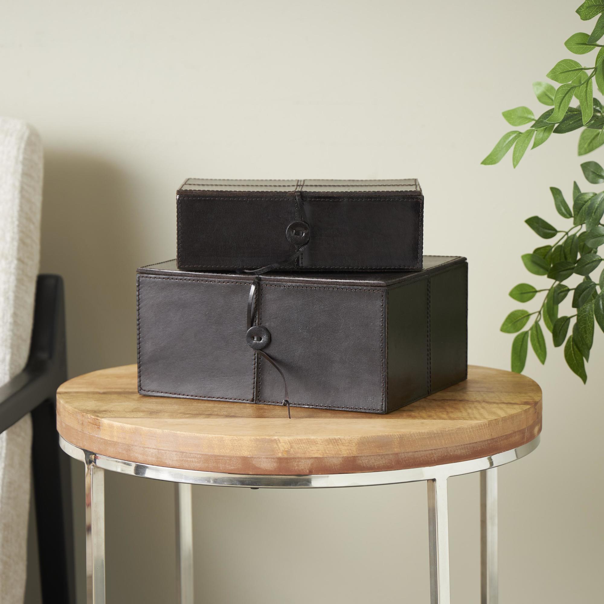 Set of 2 Leather Handmade Cowhide Storage Decorative Box with Leather Loop Closure and Stitching Detail
