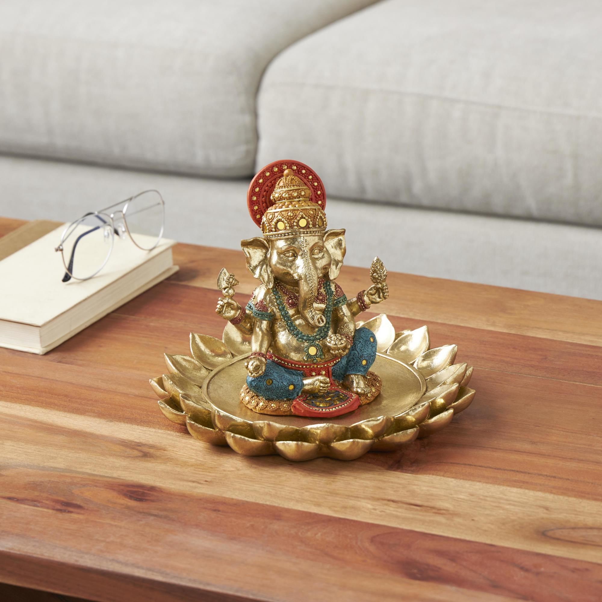 Ganesh Gold Resin Decorative Sculpture with Lotus Plate and Colorful Dresswear