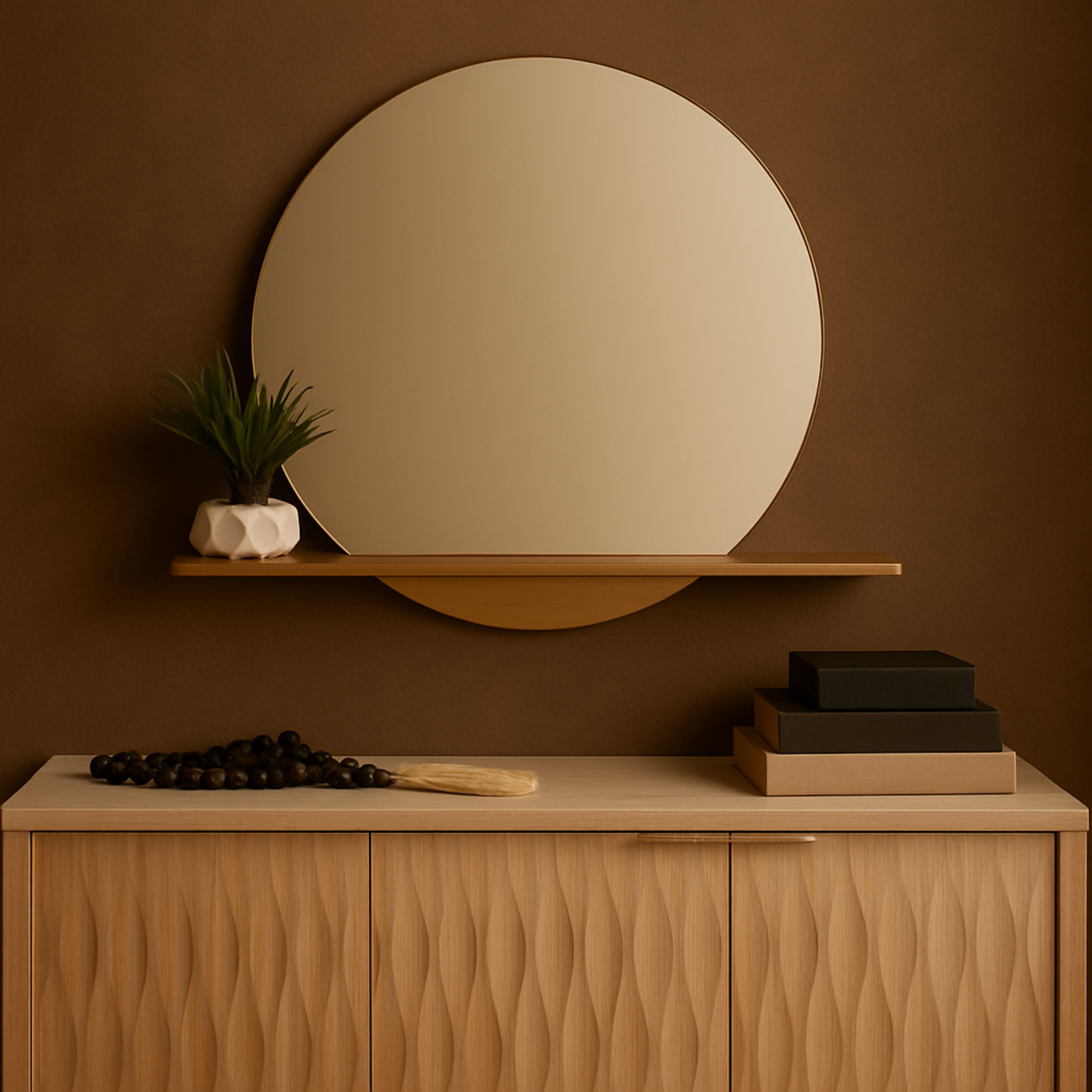 Gold Metal Round 1 Shelf Room Wall Mirror