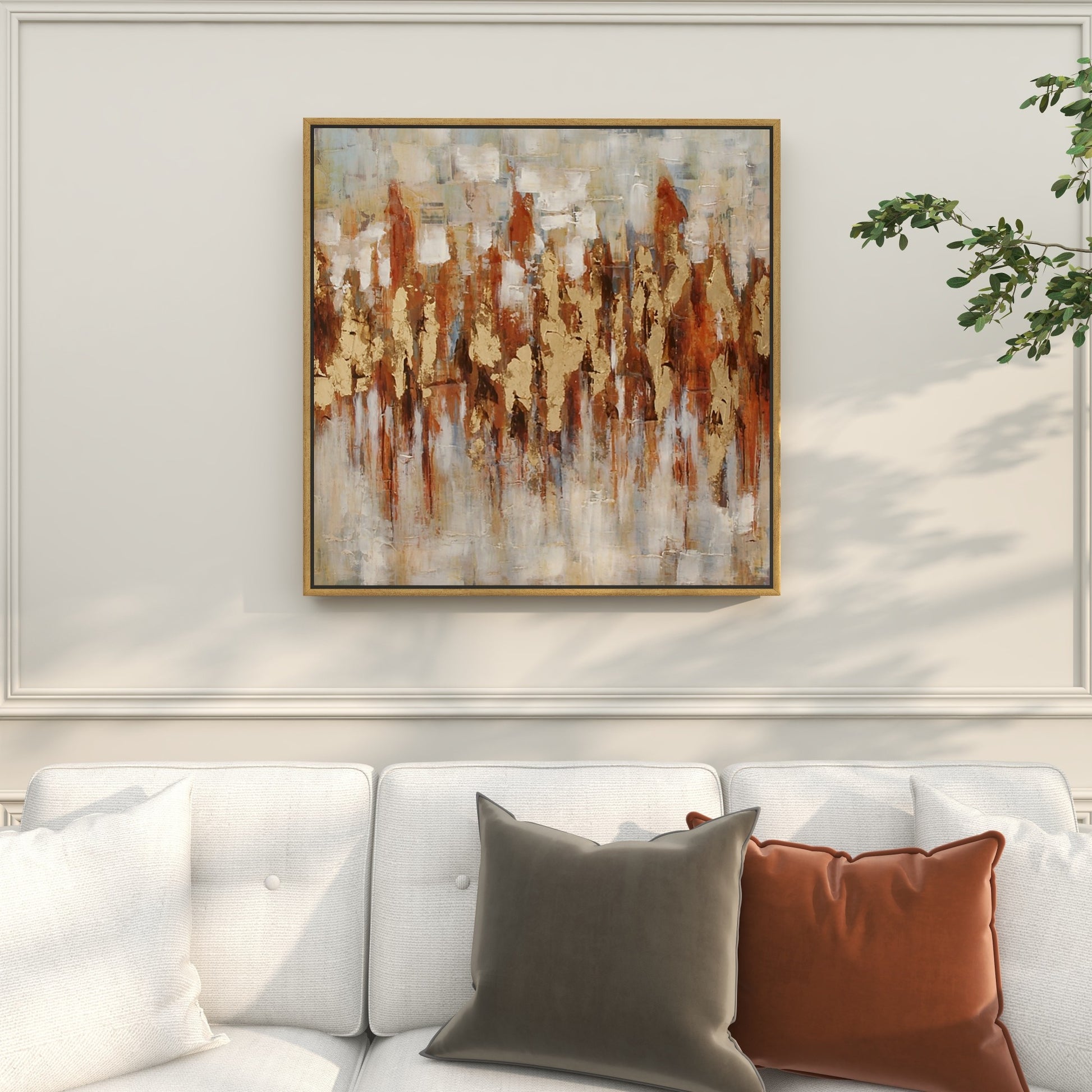 Abstract Gold Canvas Living Room Framed Wall Art with Gold Frame