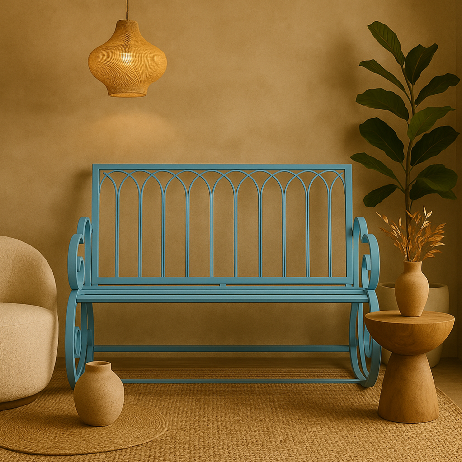 Scroll Teal Metal Rocking Patio Outdoor Bench