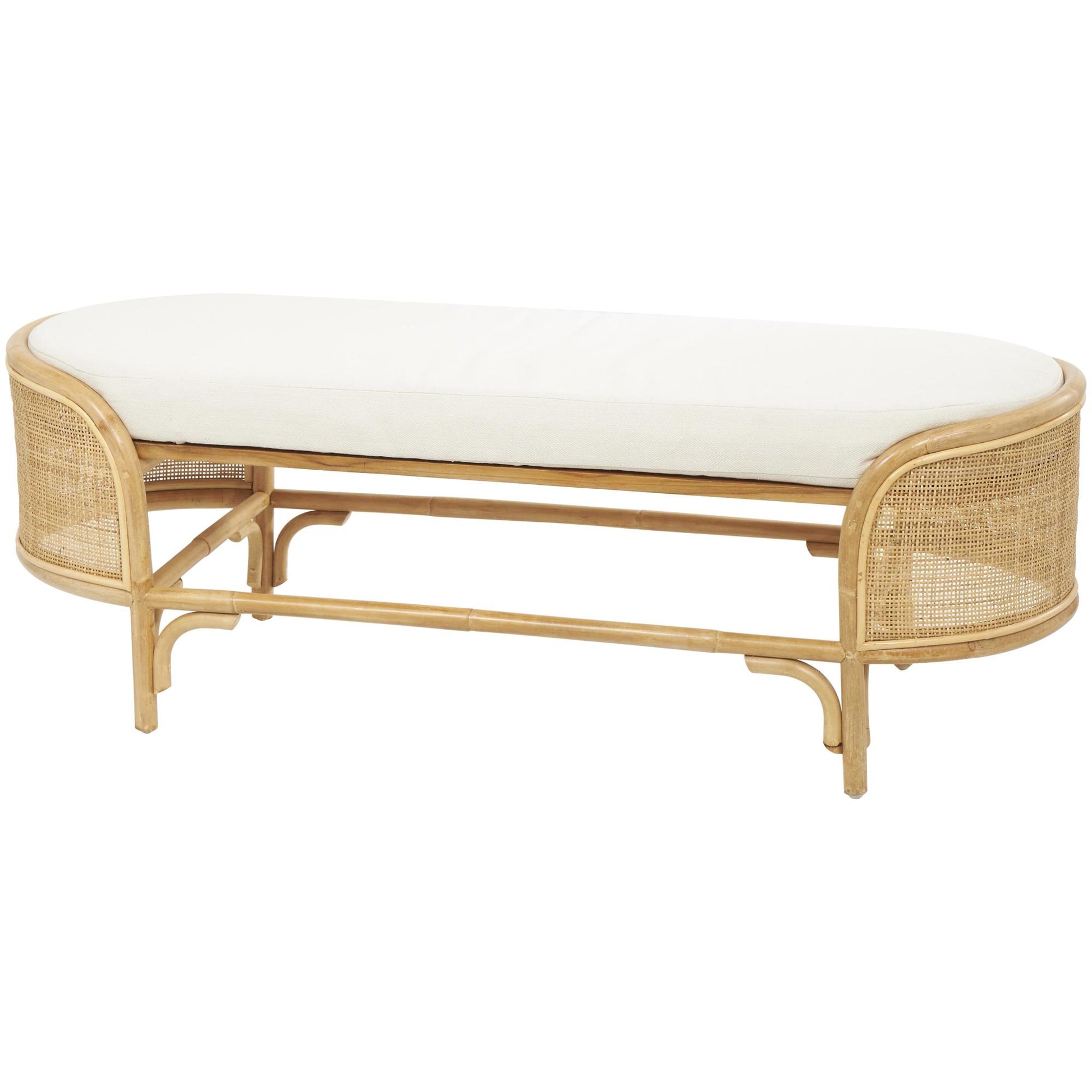 Brown Rattan Handmade Oval Home Bench with White Fabric Cushion