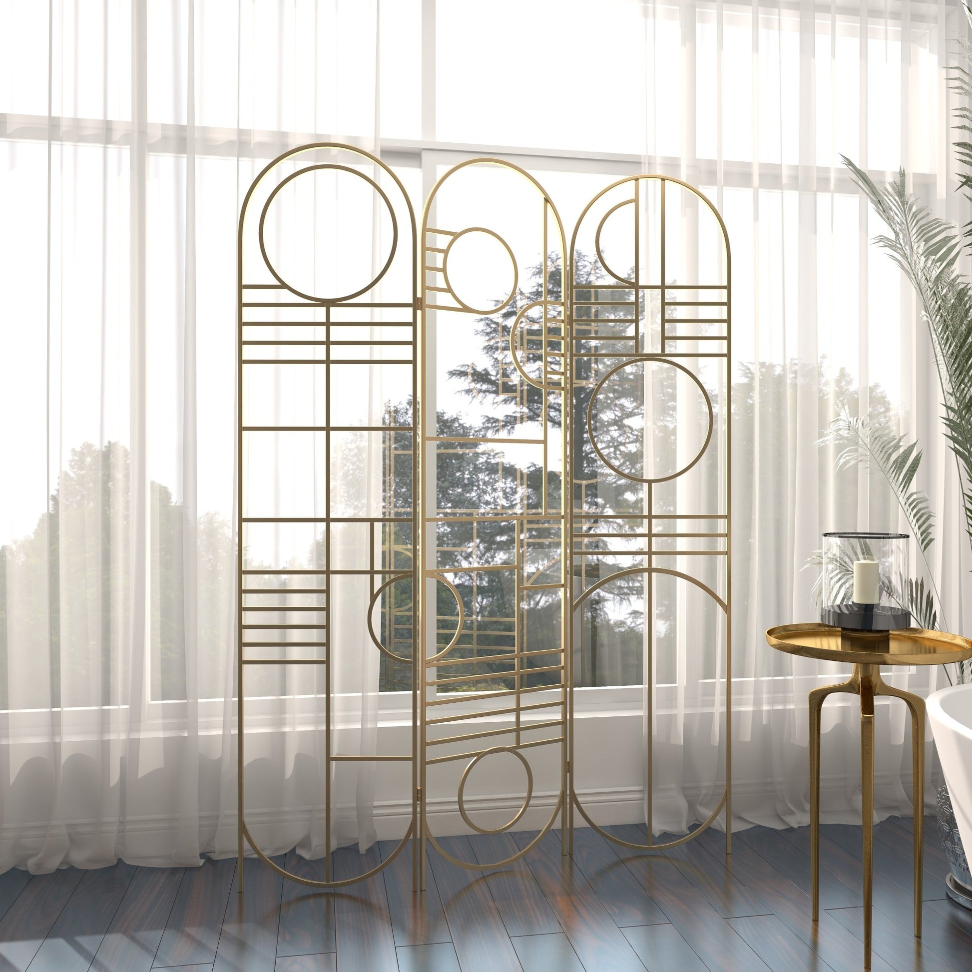 Geometric Gold Metal Hinged Foldable Arched Partition 3 Panel Partition Room Divider Screen