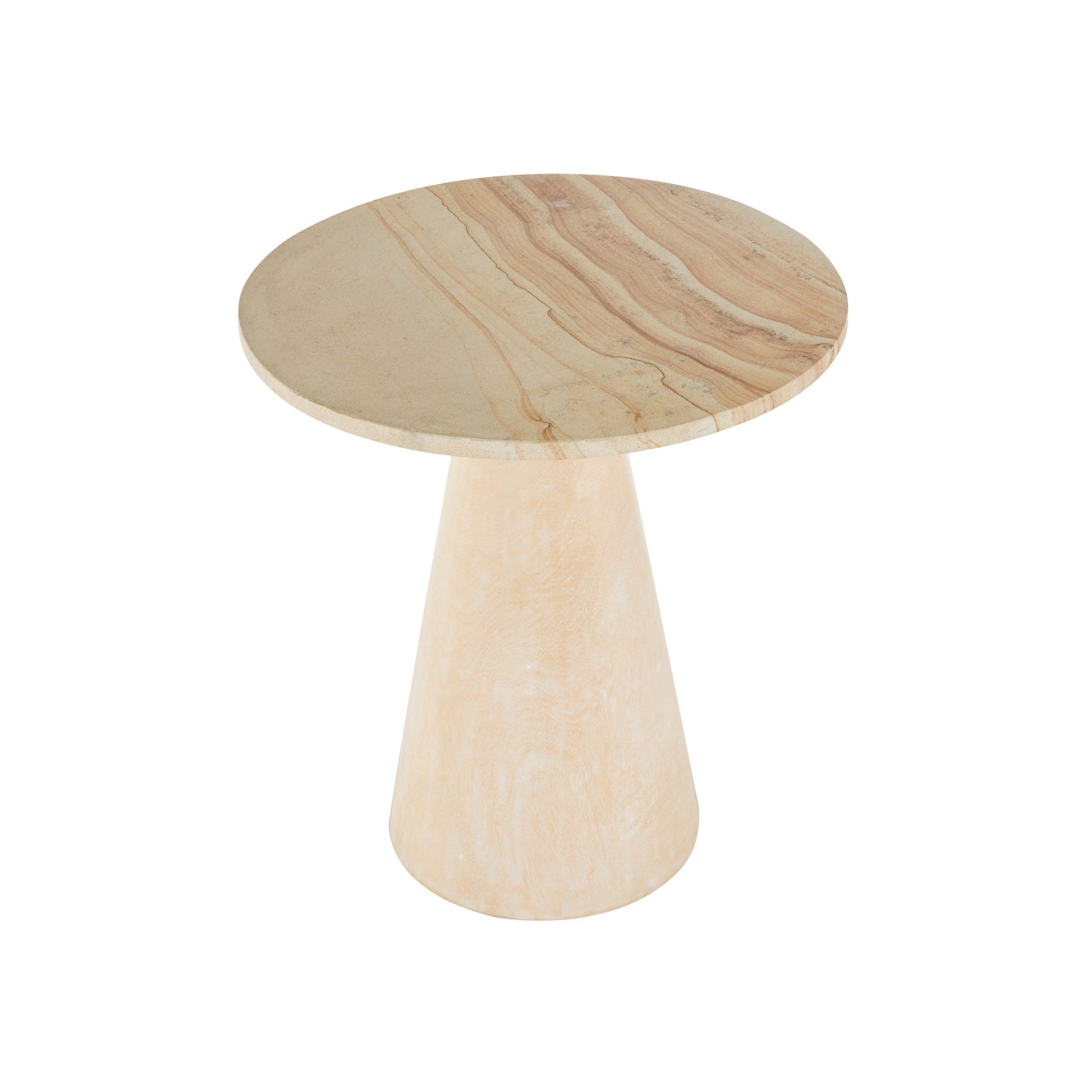 Cream Teak Wood Handmade Cone Side End Accent Table with Beige Marble Tabletop