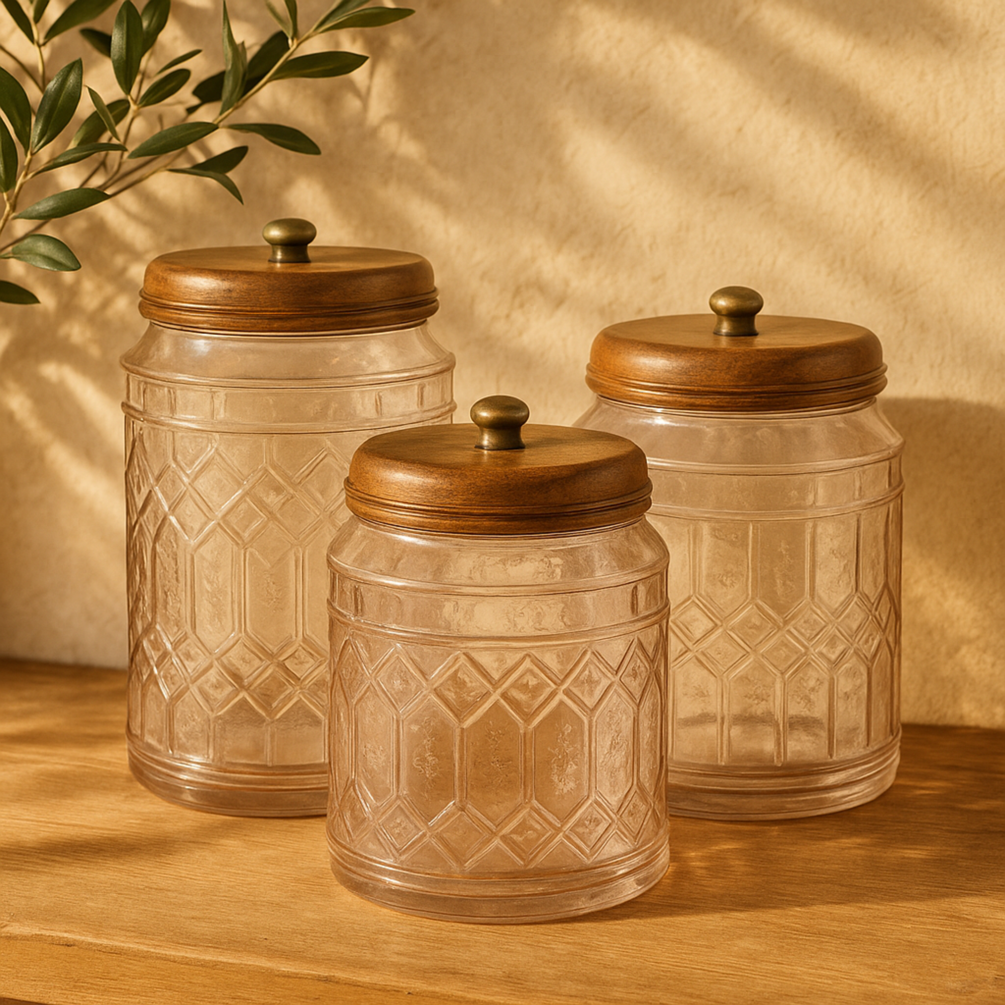 Set of 3 Clear Glass Living Room Decorative Jars with Wood Lids