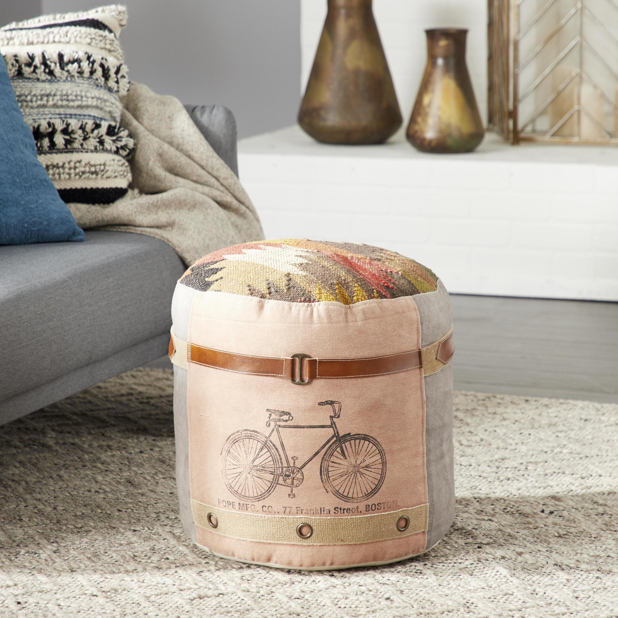 Star Canvas Stuffed Pouf with Leather Accents