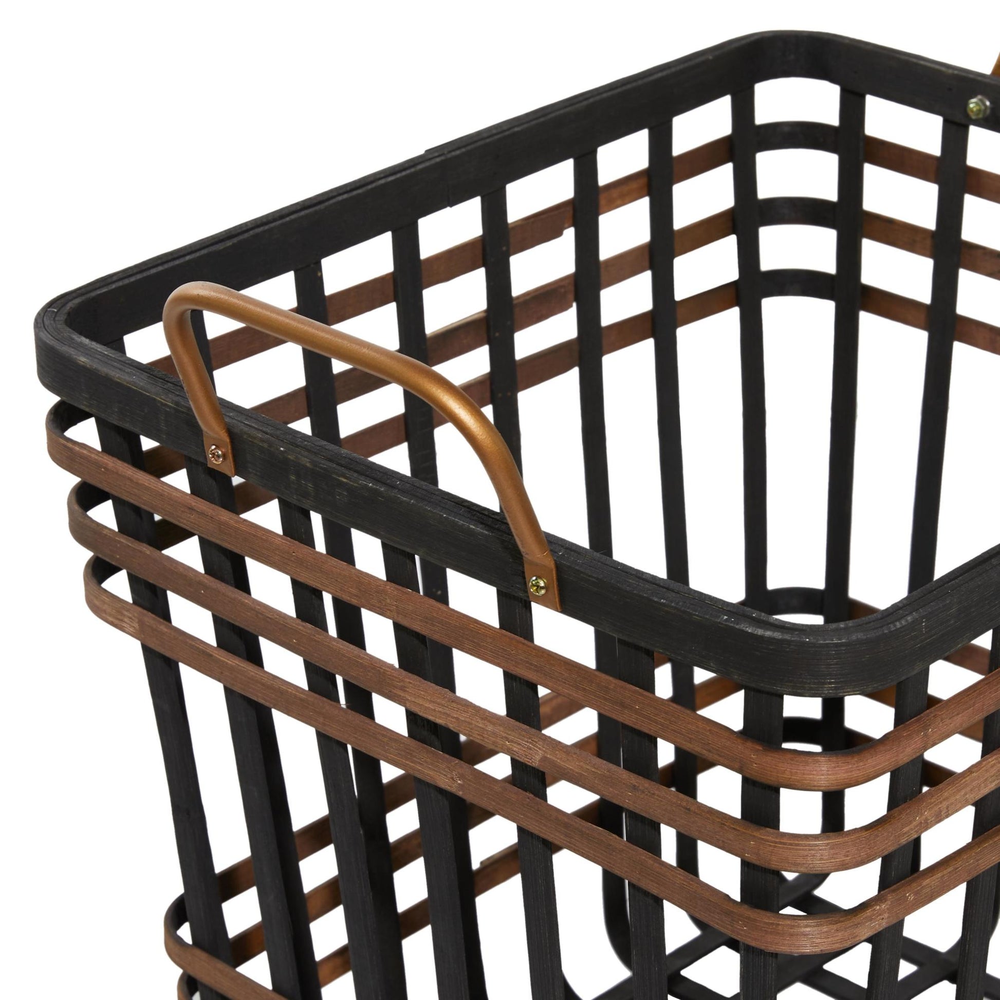 Set of 2 Black Bamboo Wood Open Frame Square Decorative and Functional Storage Basket with Brown Accents