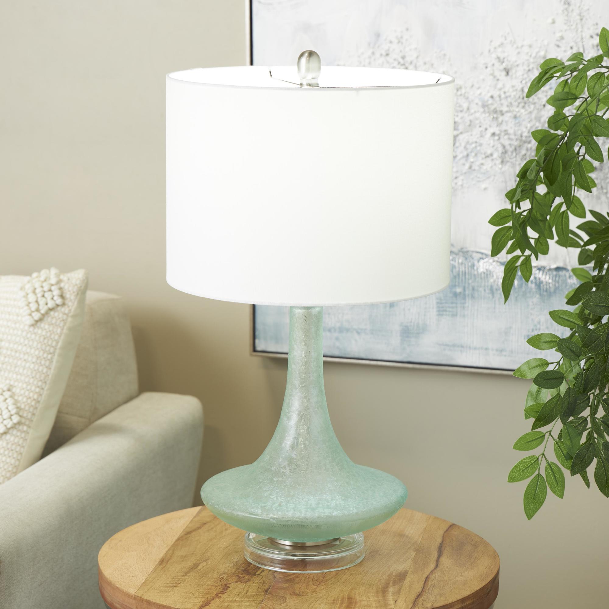 Teal Glass Textured Frosted Round Room Table Lamp with White Drum Shade and Silver Base