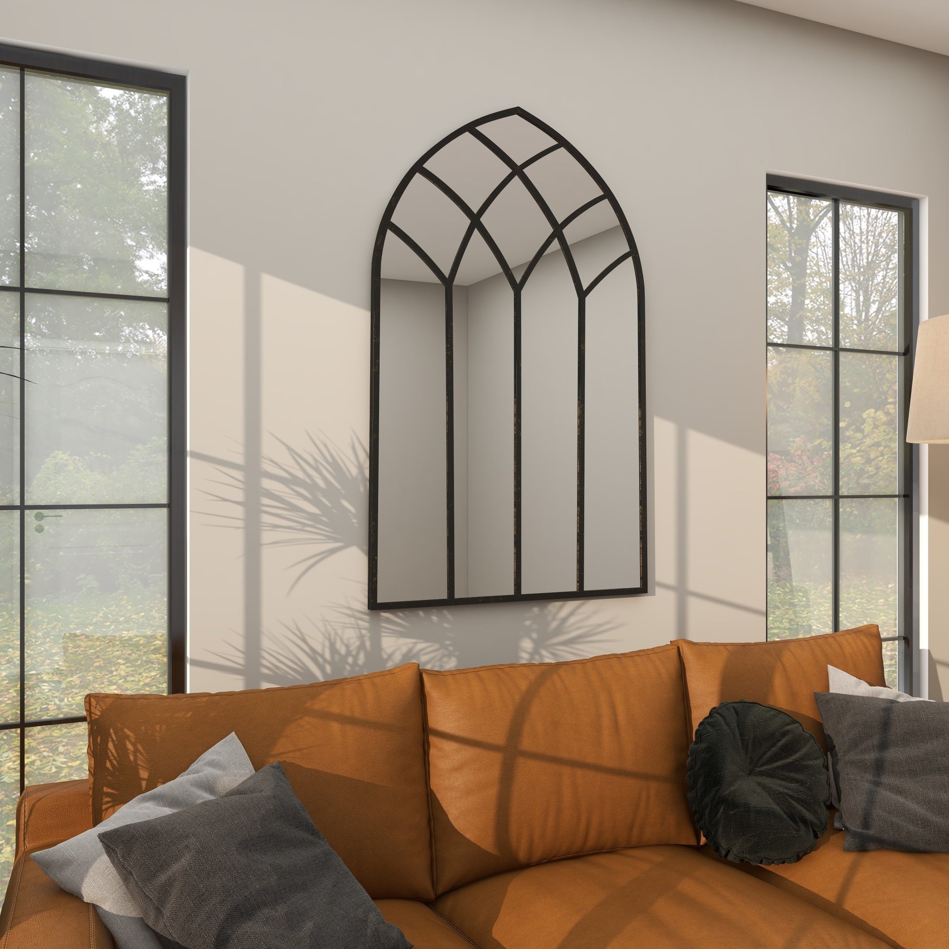 Black Metal Arched Window Pane Room Wall Mirror
