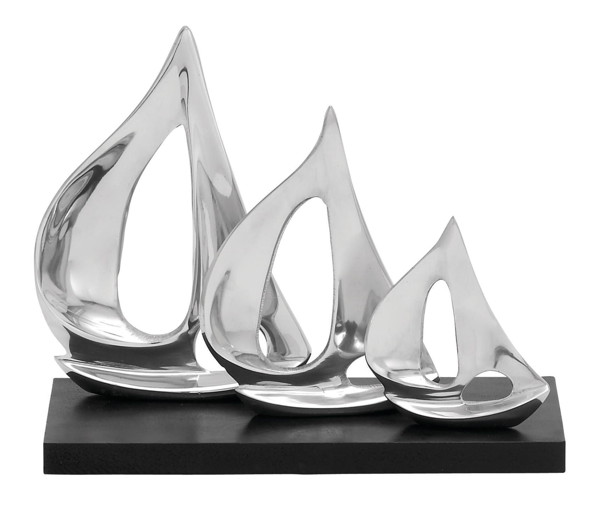Sail Boat Silver Aluminum Metal Decorative Sculpture with Black Base