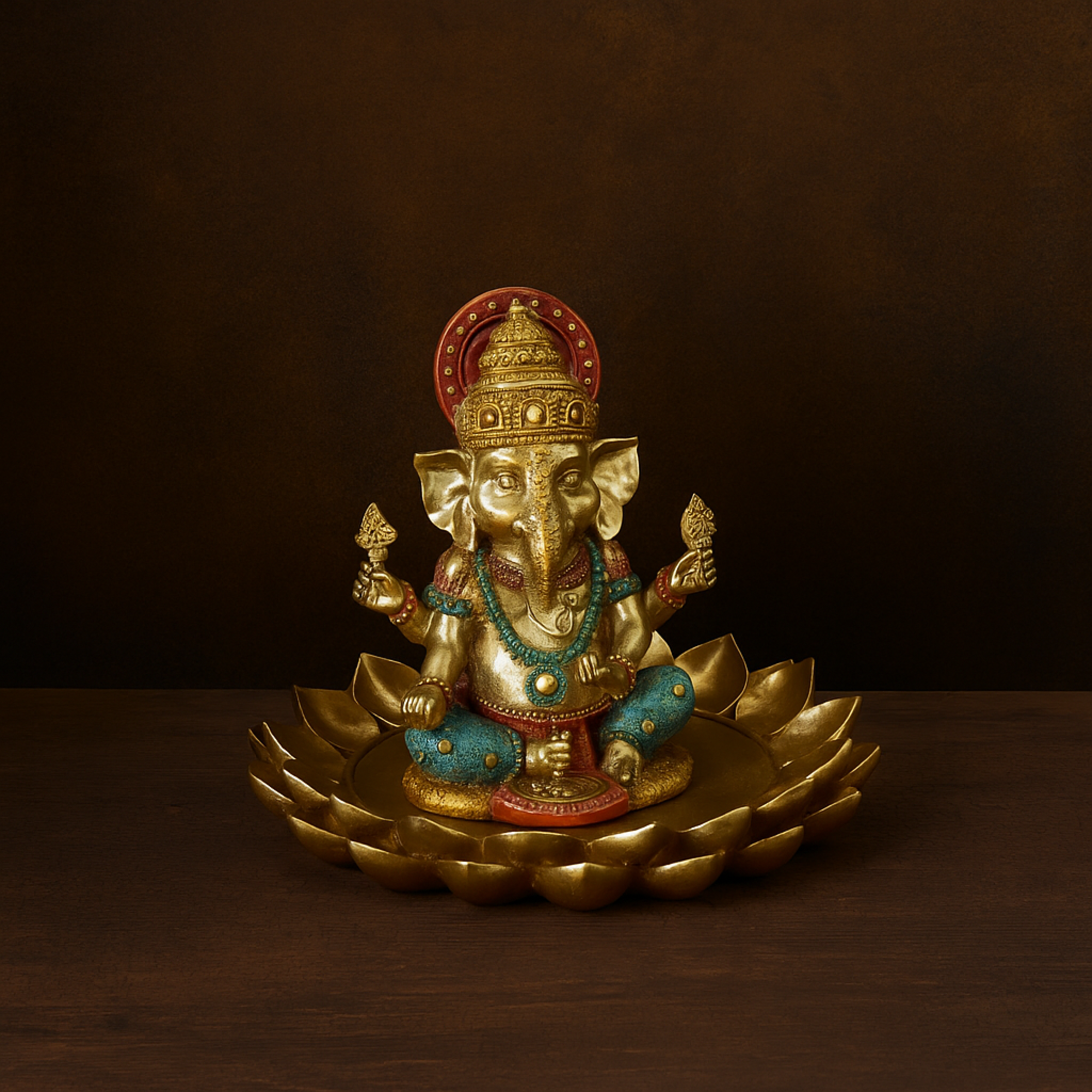 Ganesh Gold Resin Decorative Sculpture with Lotus Plate and Colorful Dresswear