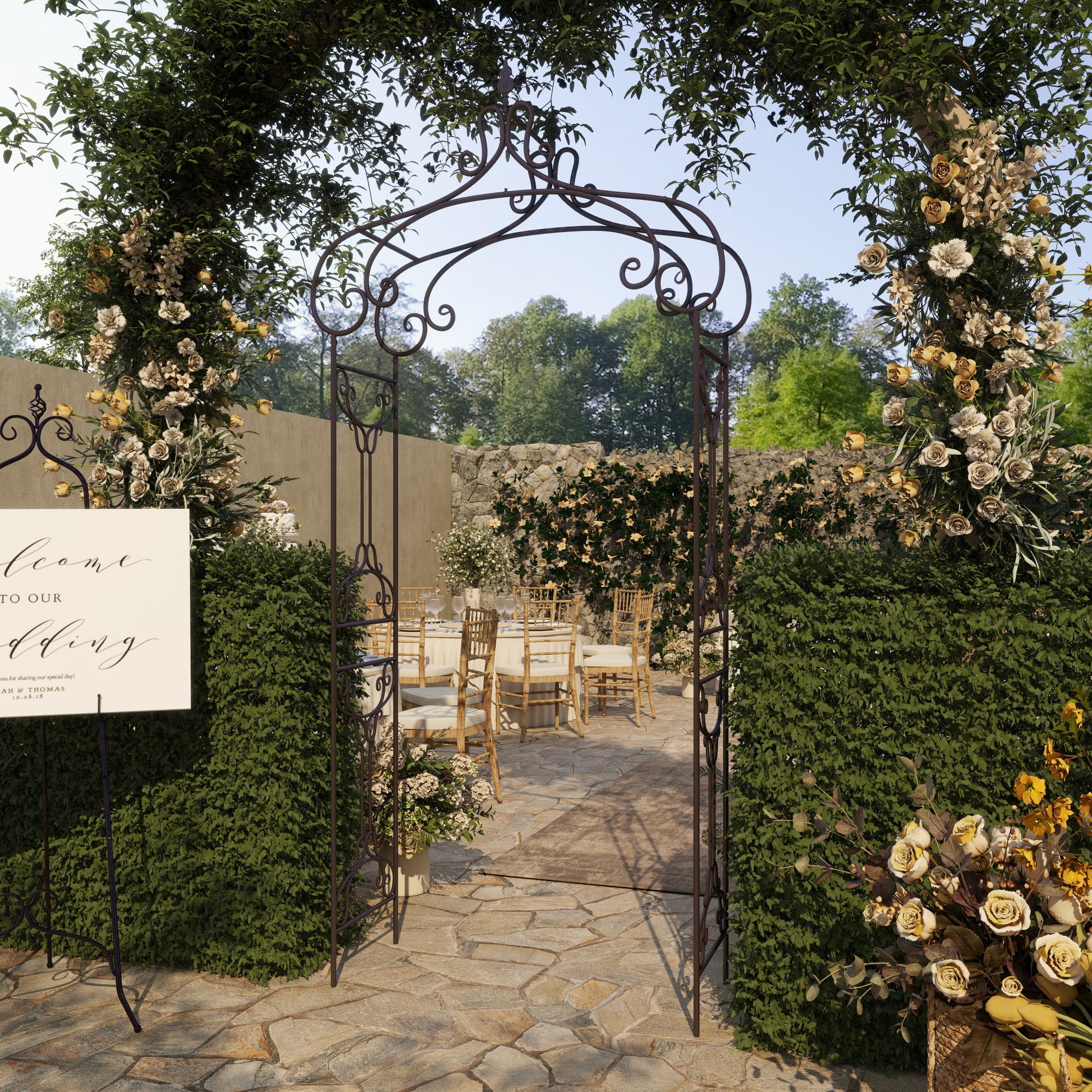 Scroll Black Metal Indoor Outdoor Arched Indoor Outdoor Garden Arbor with Finial