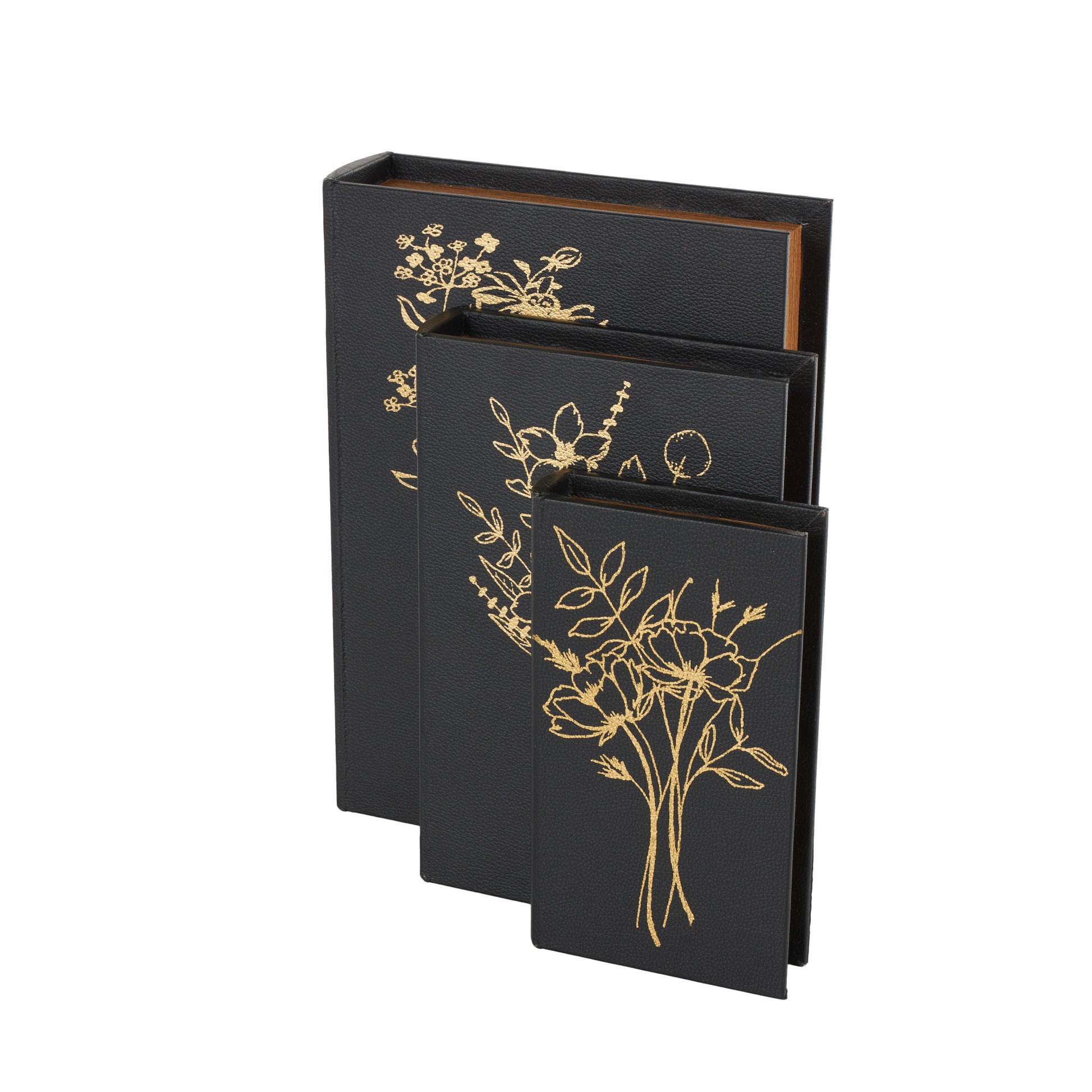 Set of 3 Floral Black Faux Leather Outline Faux Book Storage Decorative Box with Metallic Gold Accents