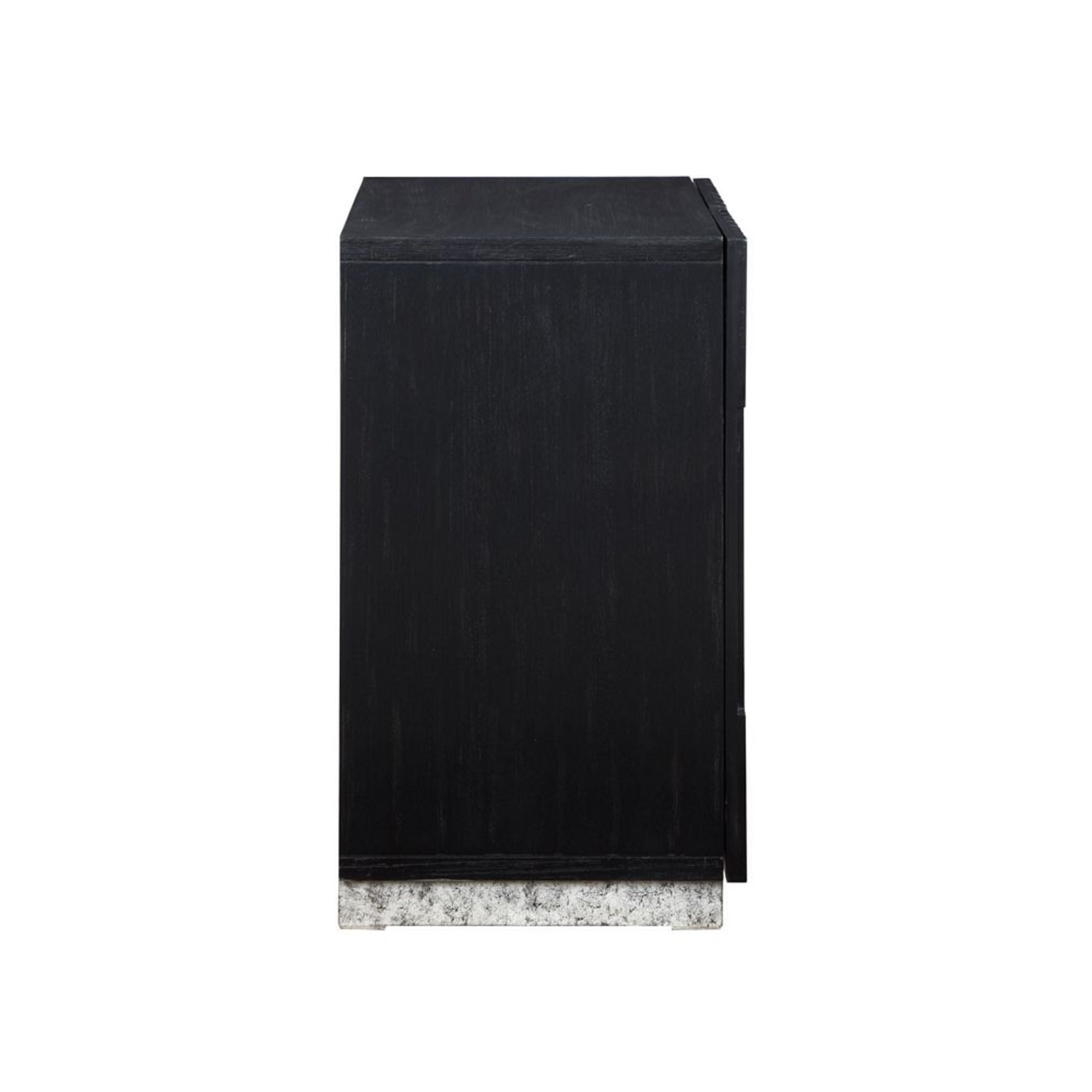 Geometric Black Wooden Carved Abstract 2 Door Room Cabinet with White Textured Block Base