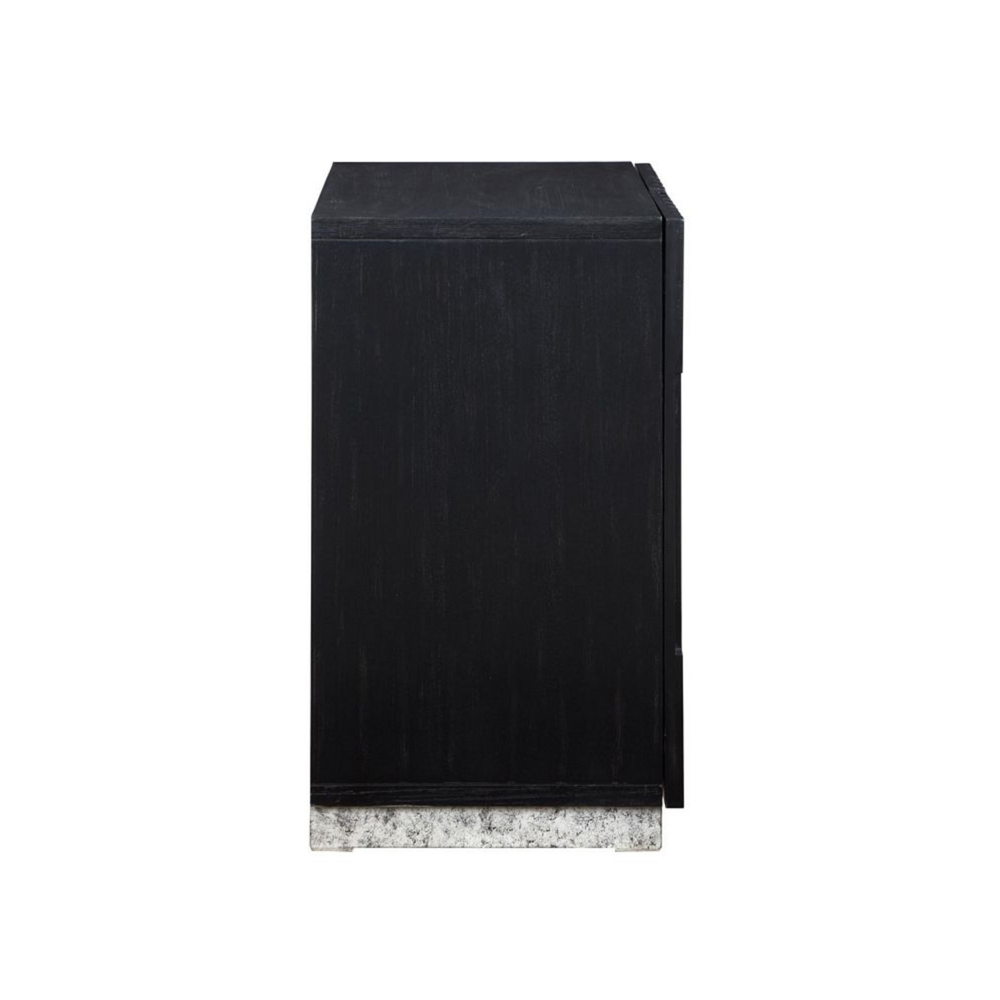 Geometric Black Wooden Carved Abstract 2 Door Room Cabinet with White Textured Block Base