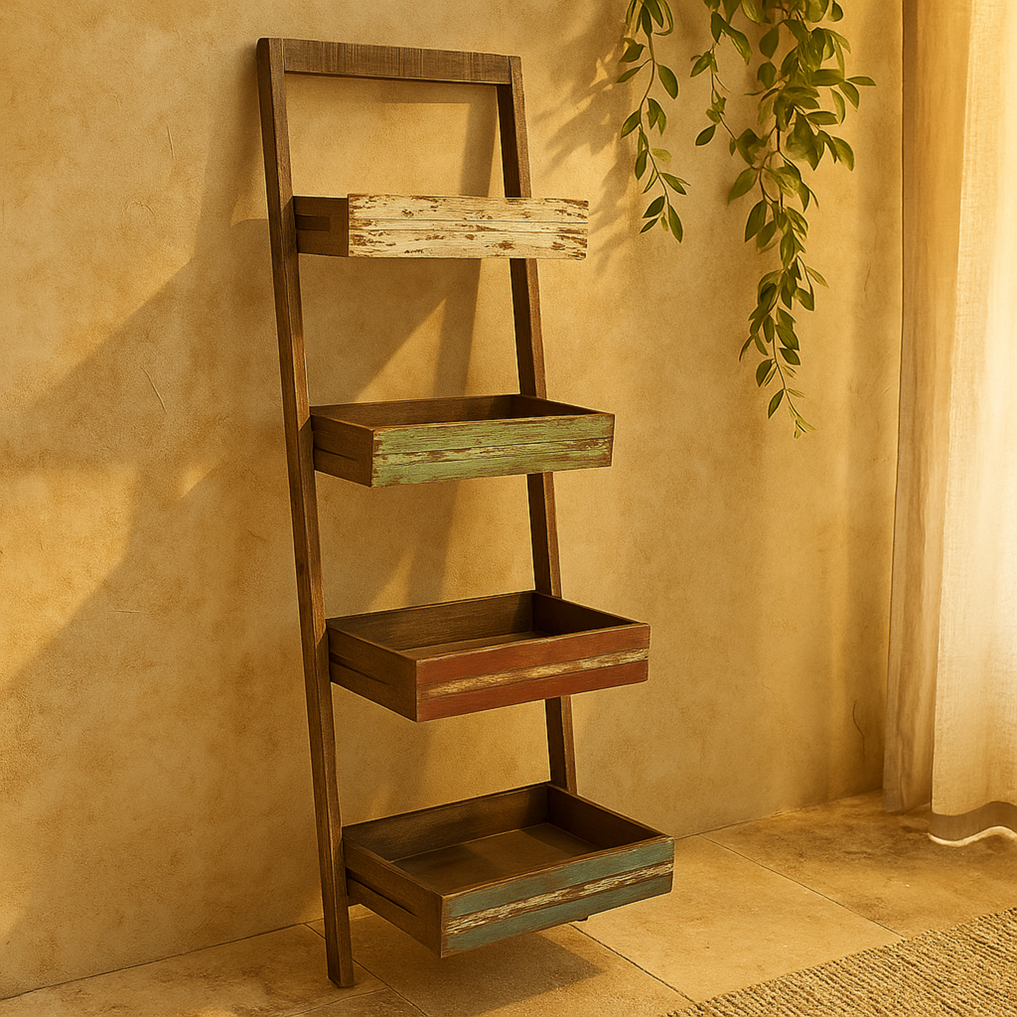 Brown Wood Leaning Ladder 4 Level Storage Shelving Unit with Colorful Washed Accents