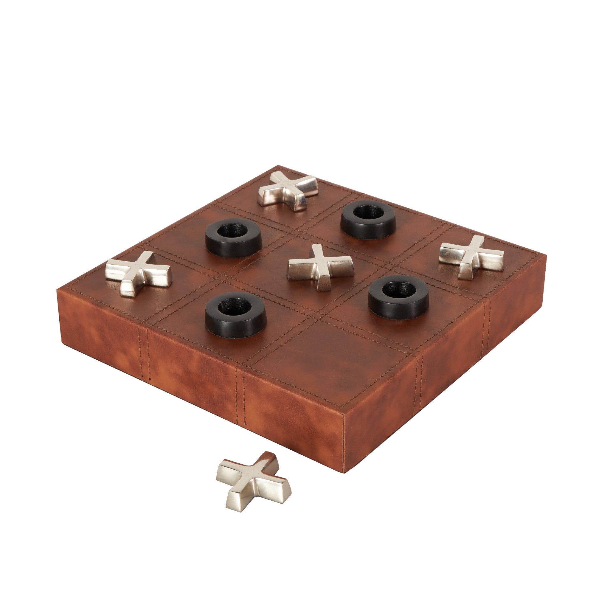 Tic Tac Toe Brown Faux Leather Home Decor Game Set with Black and Silver Pieces