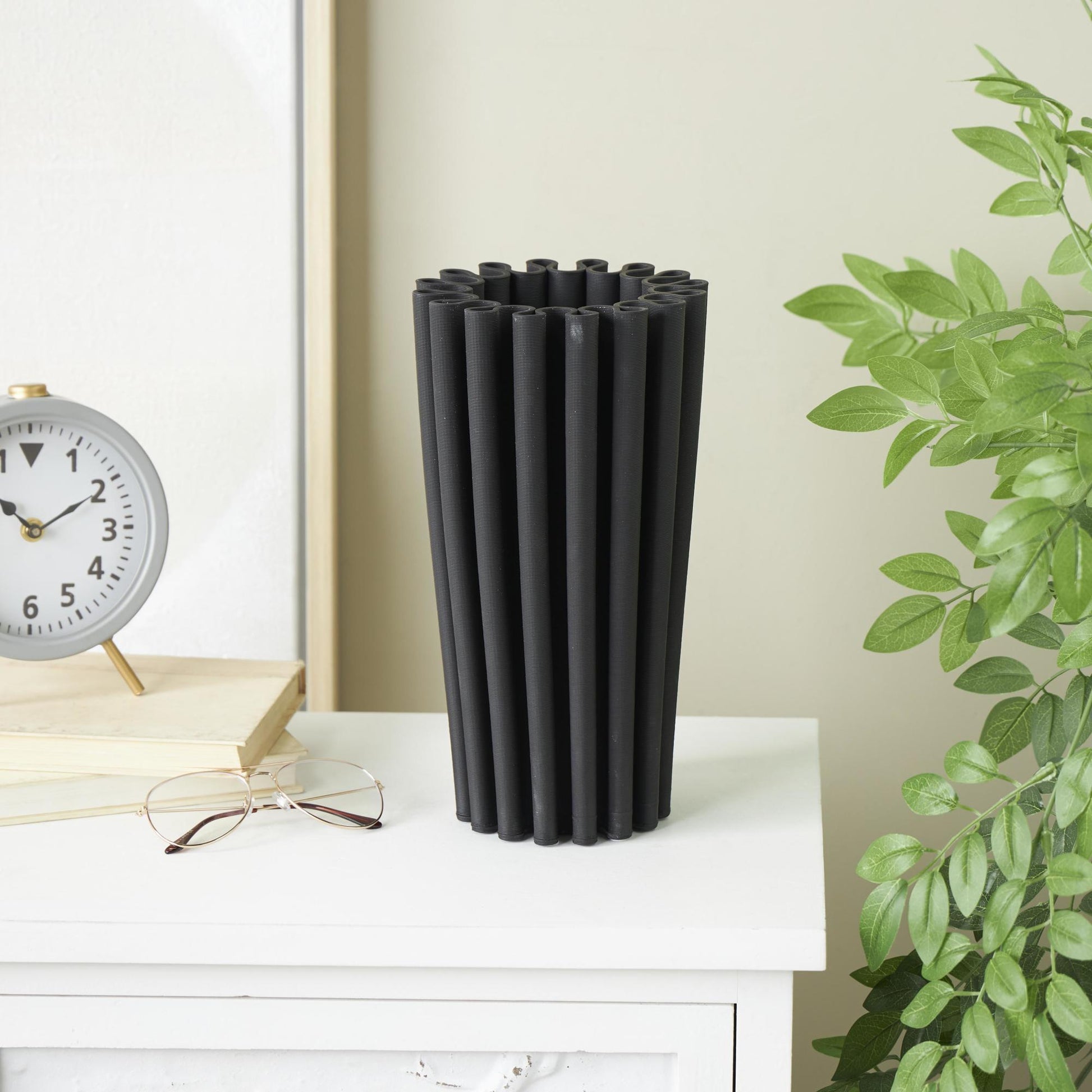 Abstract Black Ceramic Dimensional Ribbed Decorative Vase with Cylindrical Ridges