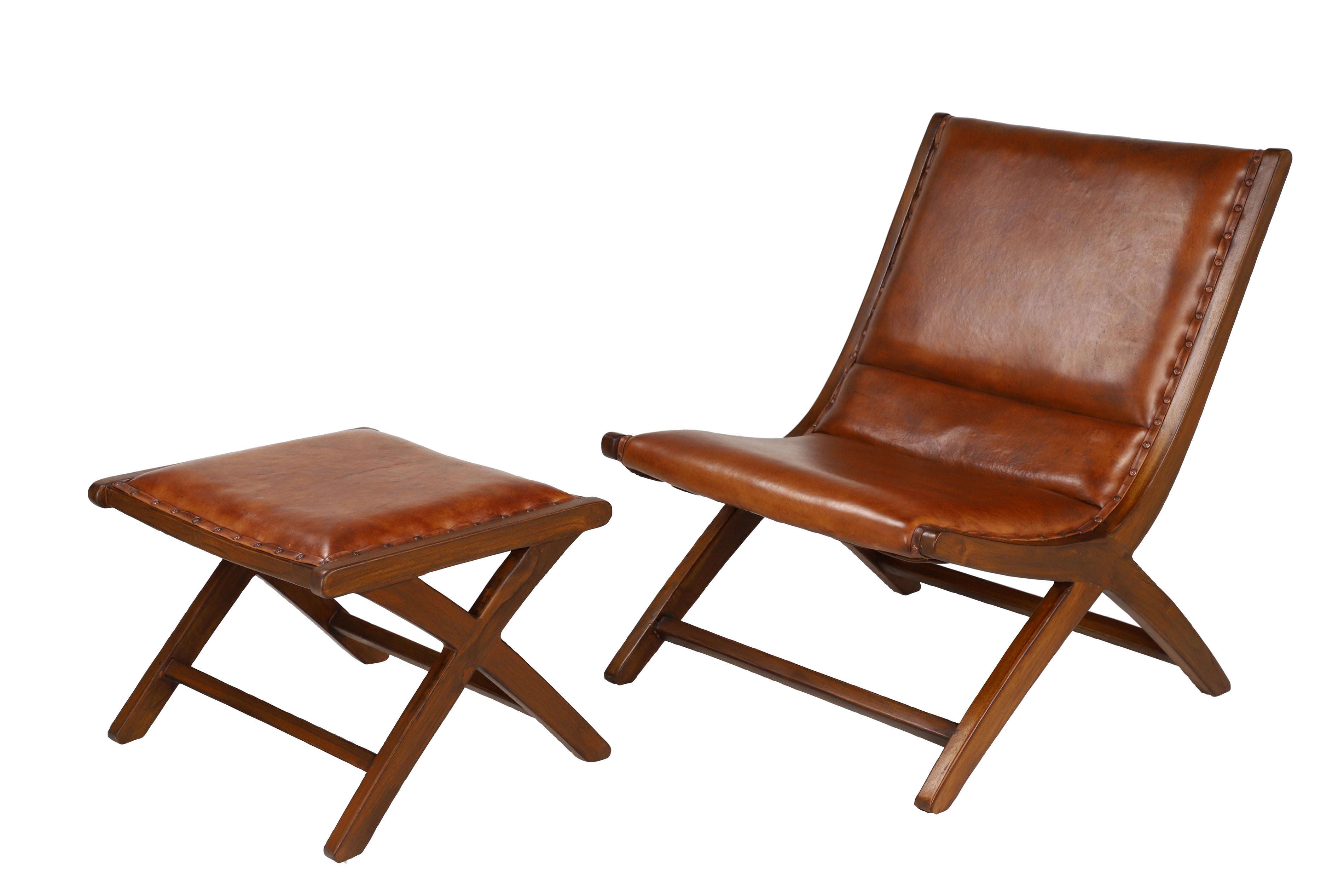 Teak Wood Handmade Upholstered Leather Accent Chair with Ottoman