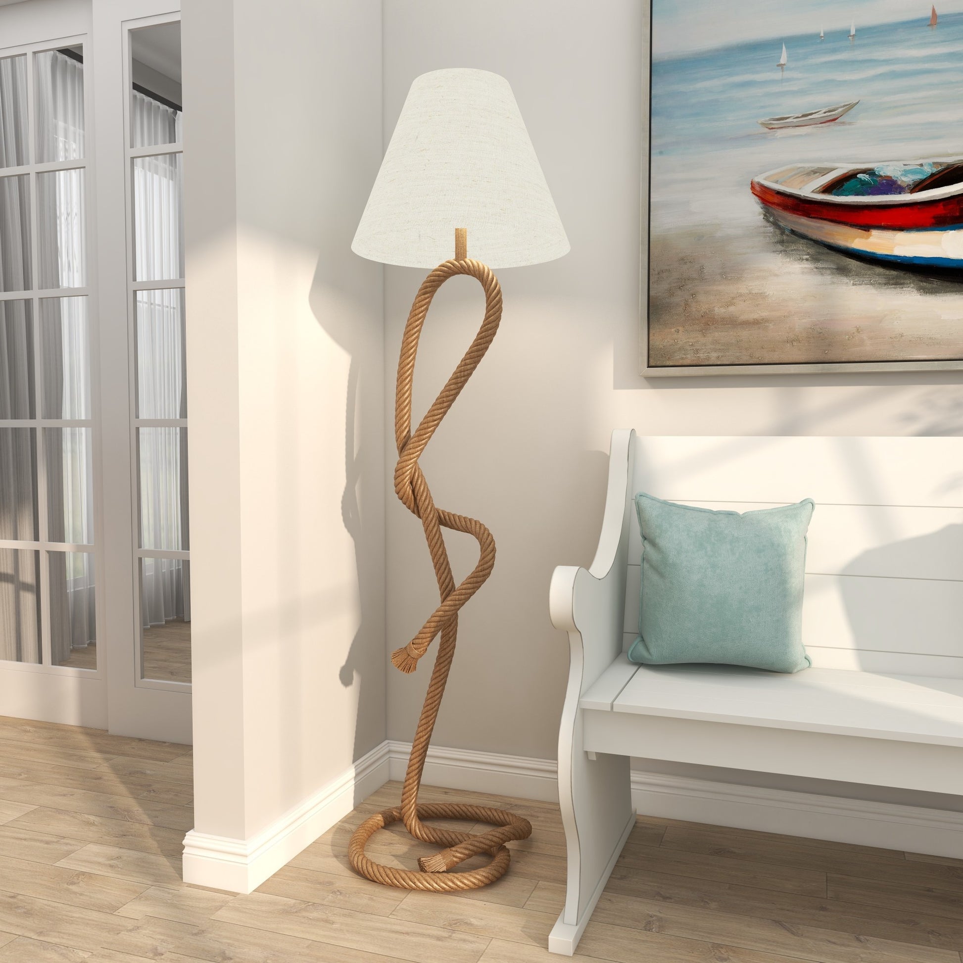 Brown Jute Rope Twisted Rope Room Floor Lamp with Cream Linen Shade