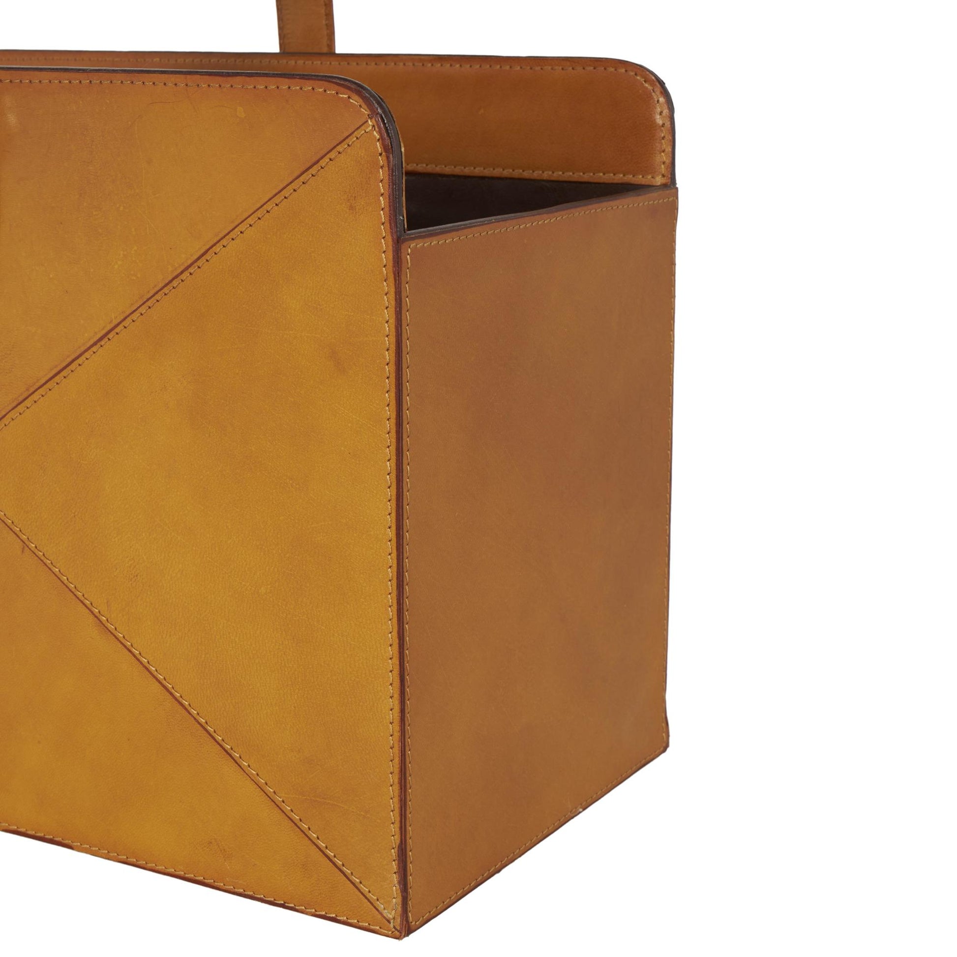 Leather Handmade Box Style Single Slot Decorative Magazine Holder with Detail Stitching and Curved Buckle Handles 16" x 11" x 17"