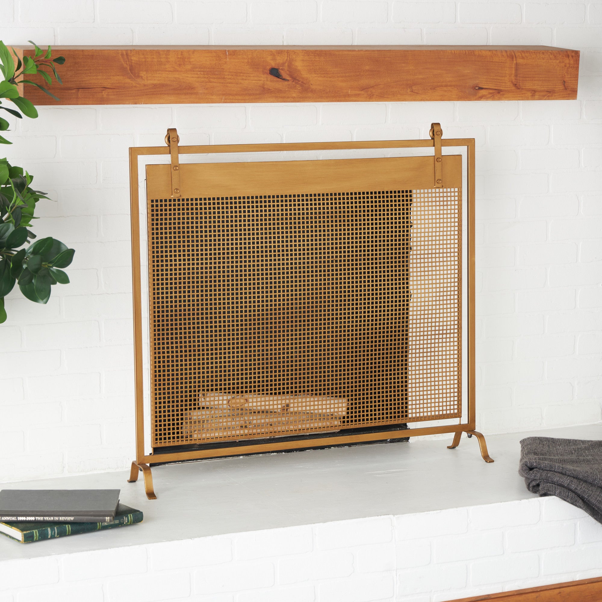 Geometric Metal Suspended Grid Style Single Panel Living Room Fireplace Screen with Bolted Detailing