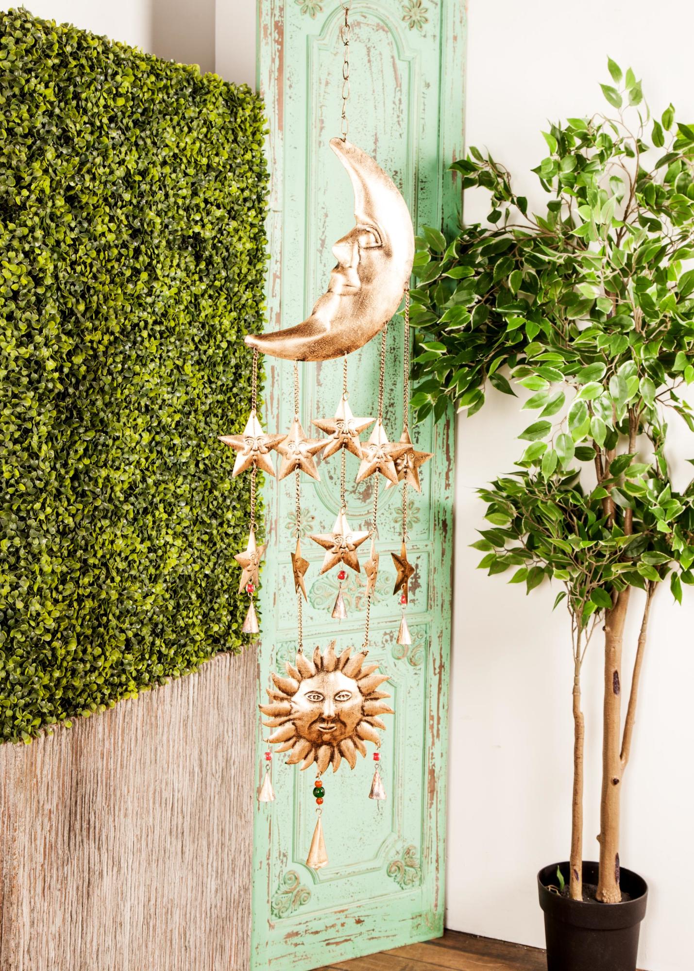 Sun and Moon Gold Metal Handmade Indoor Outdoor Windchime with Glass Beads and Cone Bells