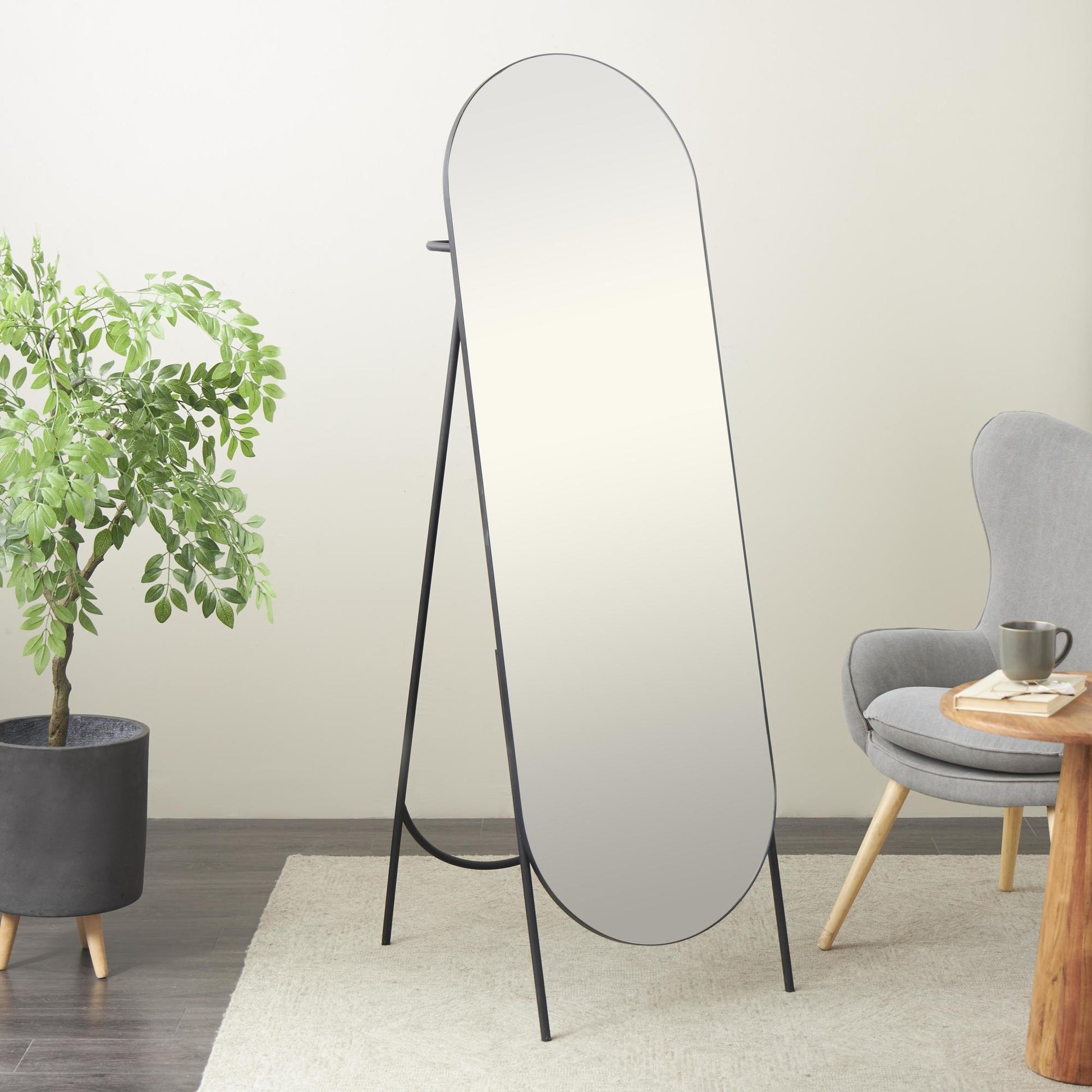 Geometric Black Metal Foldable Freestanding Oval Room Floor Mirror