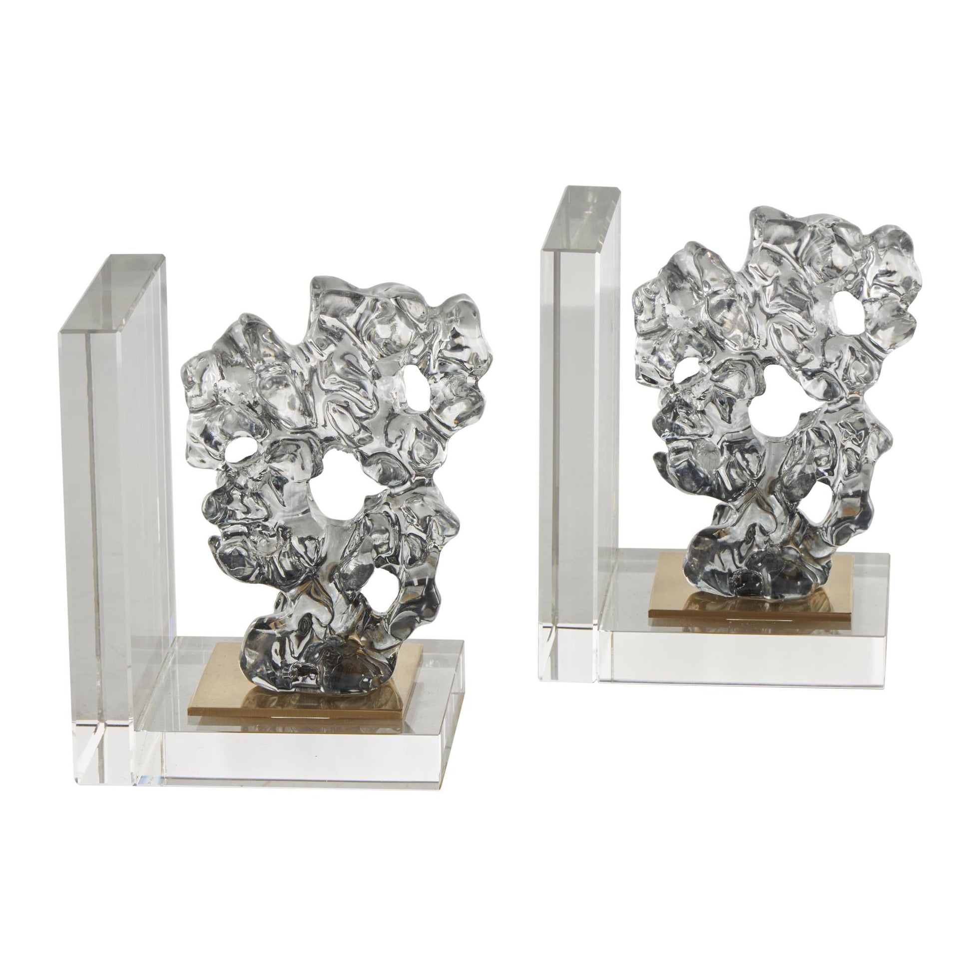 Set of 2 Coral Clear Glass Handmade Freeform Decorative Bookends with Clear Gold Supports