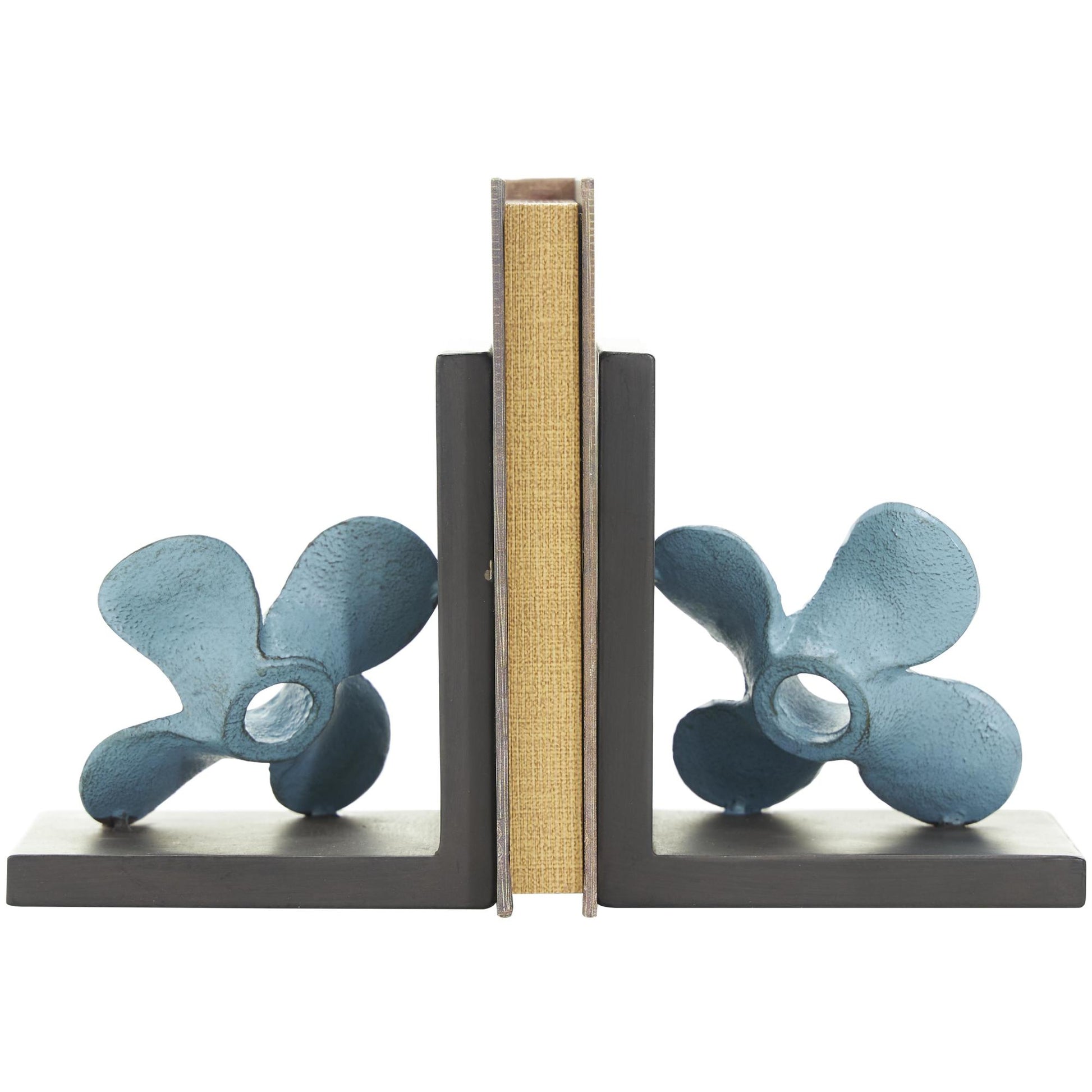 Set of 2 Boat Teal Metal Distressed Propeller Decorative Bookends with Brown L-Shaped Stands