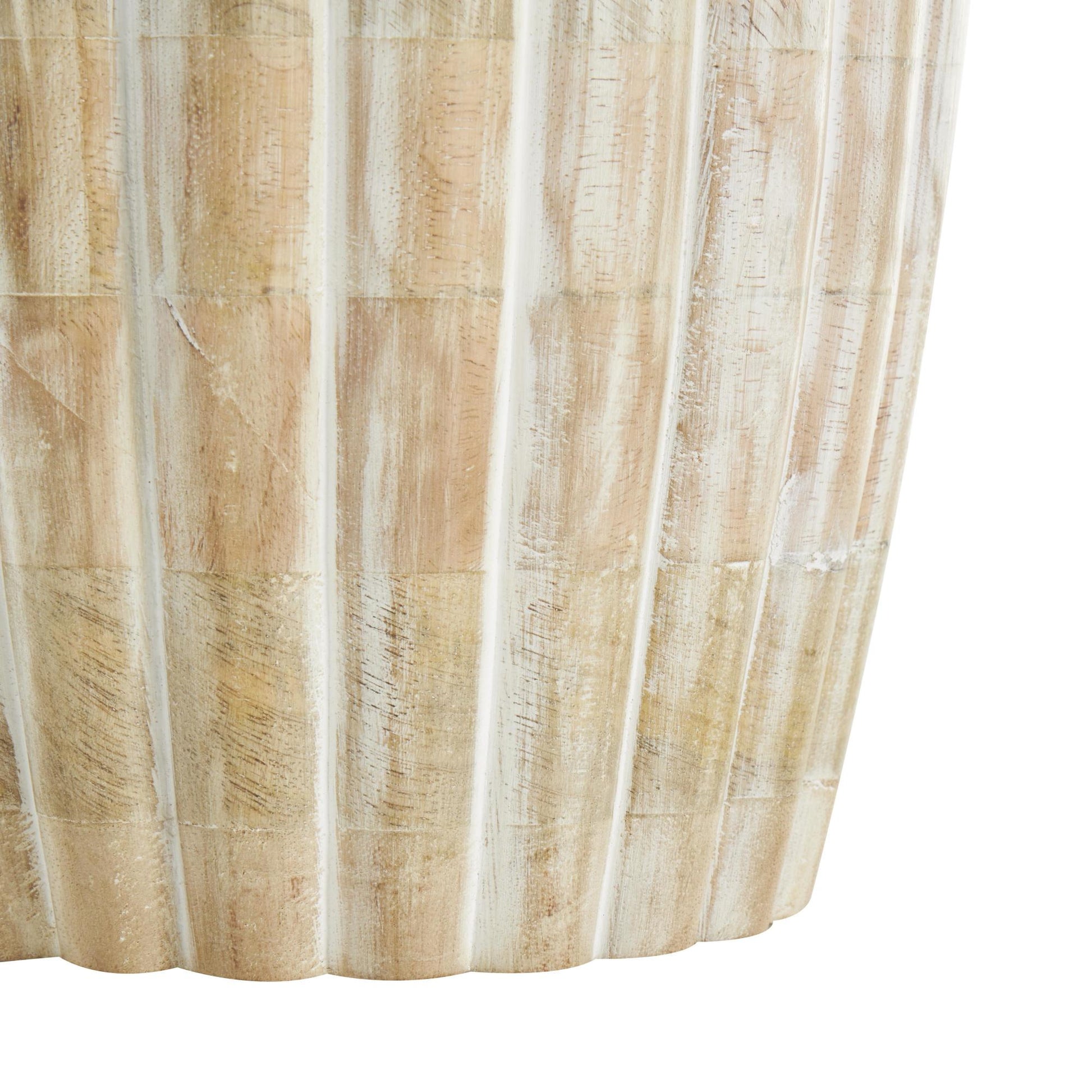 Light Brown Mango Wood Distressed Decorative Vase with Carved Ridges