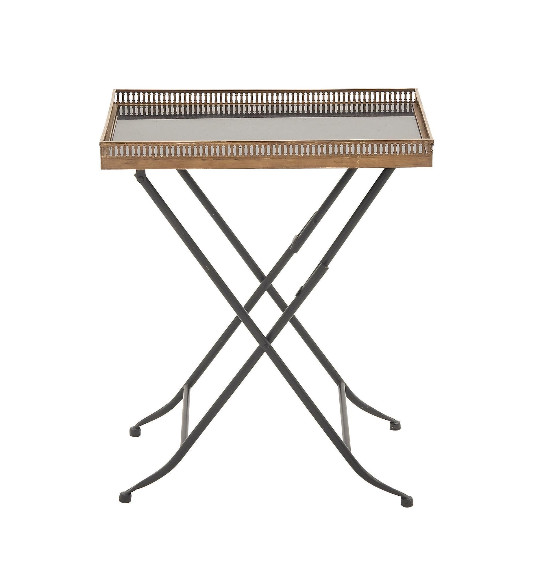 Brass Metal Side End Accent Table with Black Marble Tray Top and Metal Folding Legs