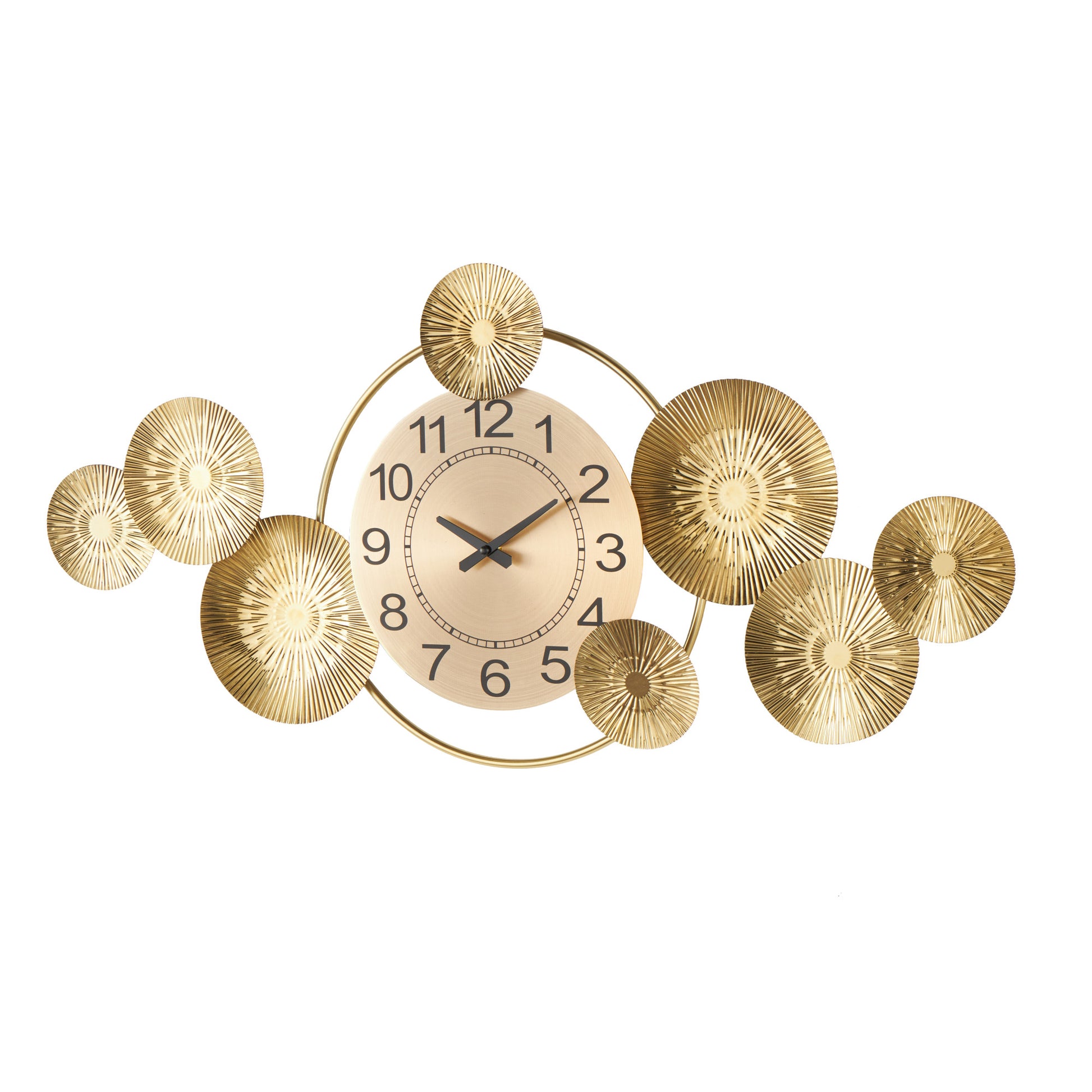 Starburst Gold Stainless Steel Metal Decorative Wall Clock with Black Accents and Overlapping Discs