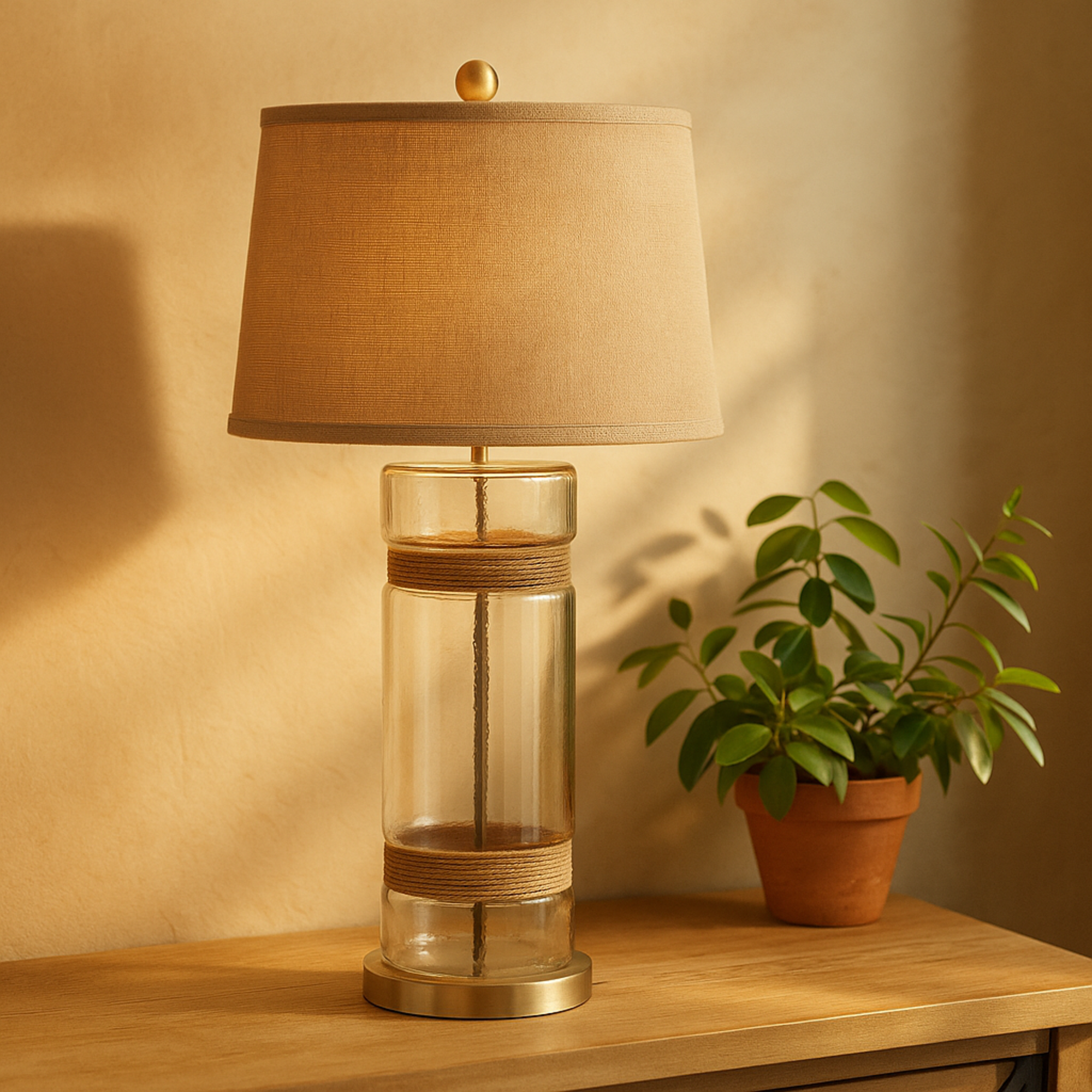 Set of 2 Brown Glass Room Table Lamp with Wrapped Jute Rope