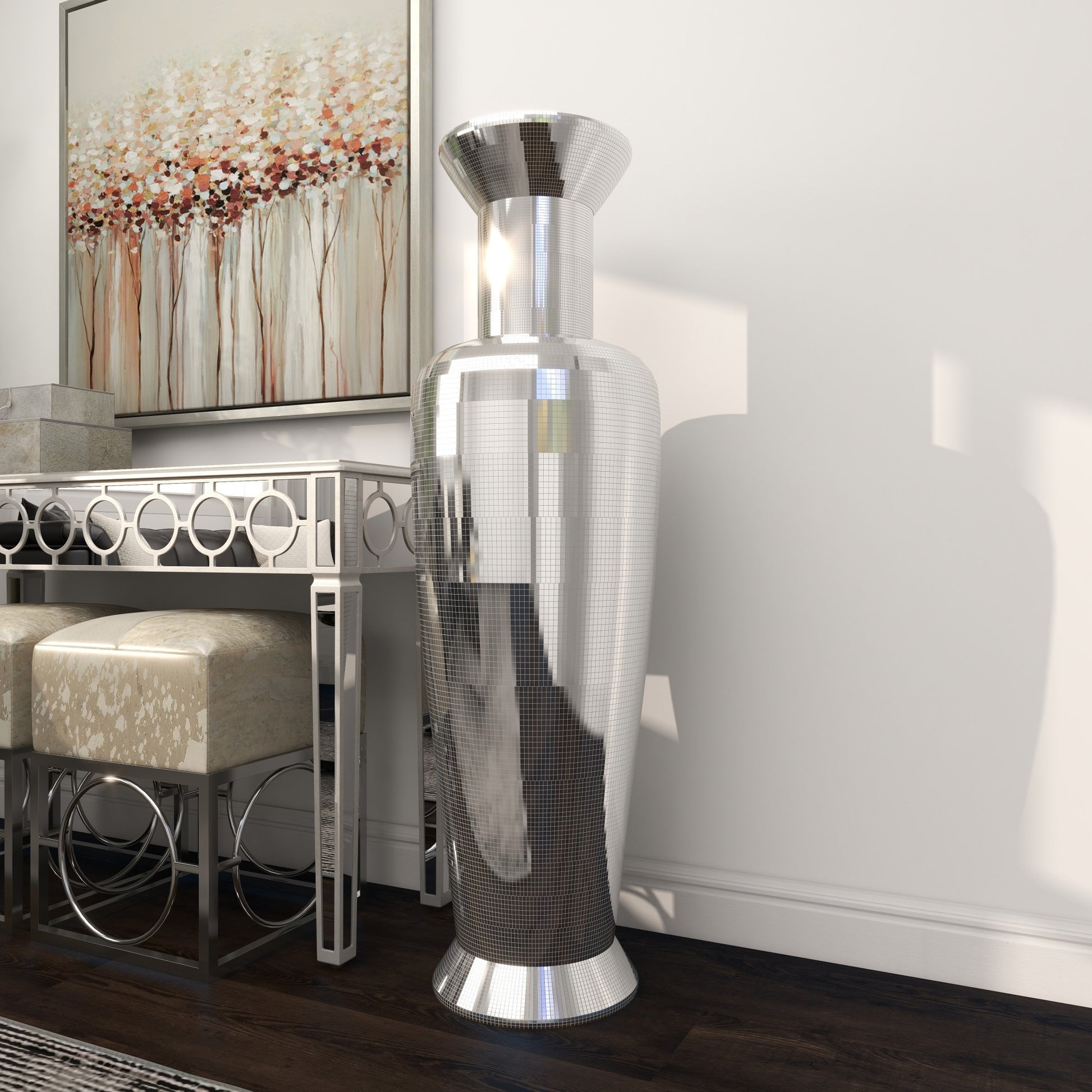 Silver Polystone Tall Floor Decorative Vase with Mosaic Mirror Inlay
