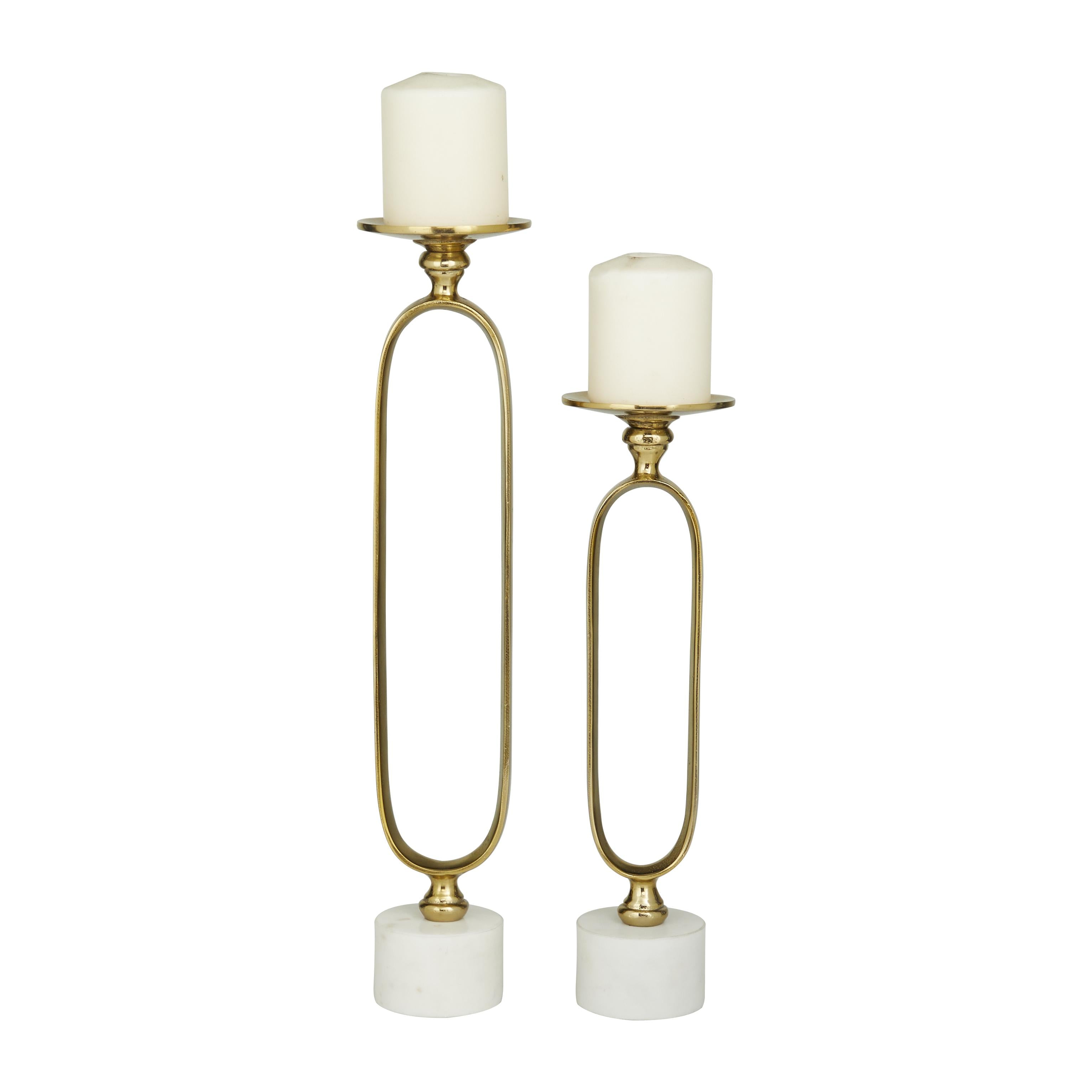 Set of 2 Aluminum Metal Paper Clip Pillar Decorative Candle Holder with Marble Base