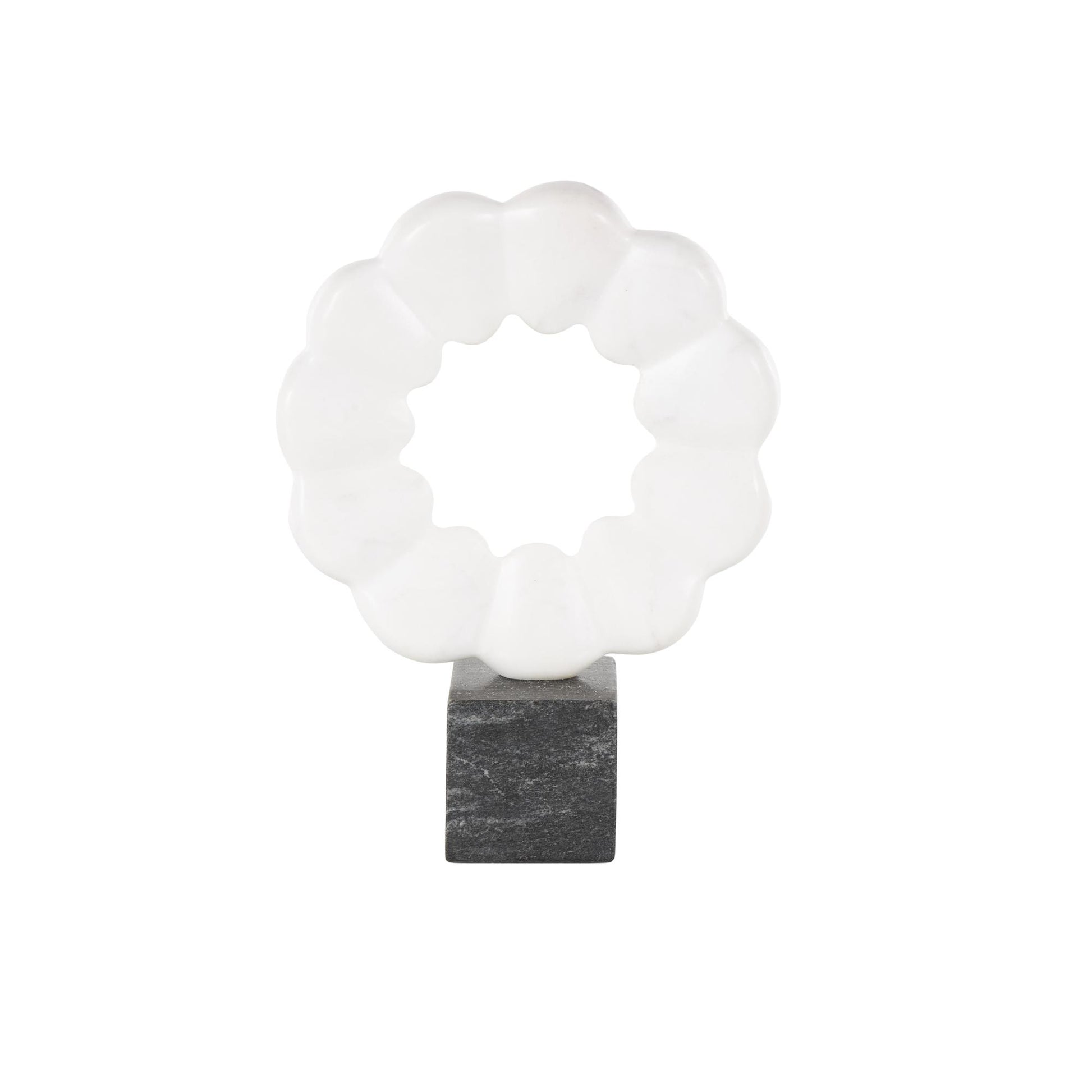 Geometric White Marble Floral Inspired Ring Decorative Sculpture with Black Block Base
