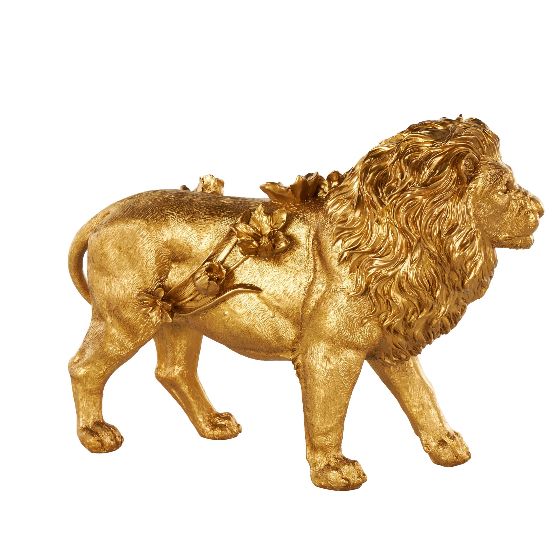 Lion Gold Resin Walking Decorative Sculpture with Floral Accents