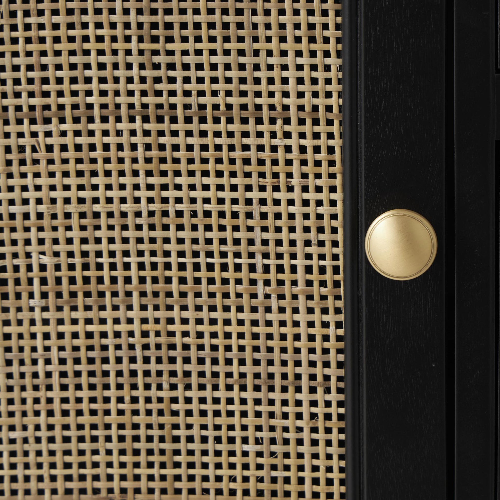 Black Wood Handmade 1 Door and 3 Drawers Room Cabinet with Rattan Front