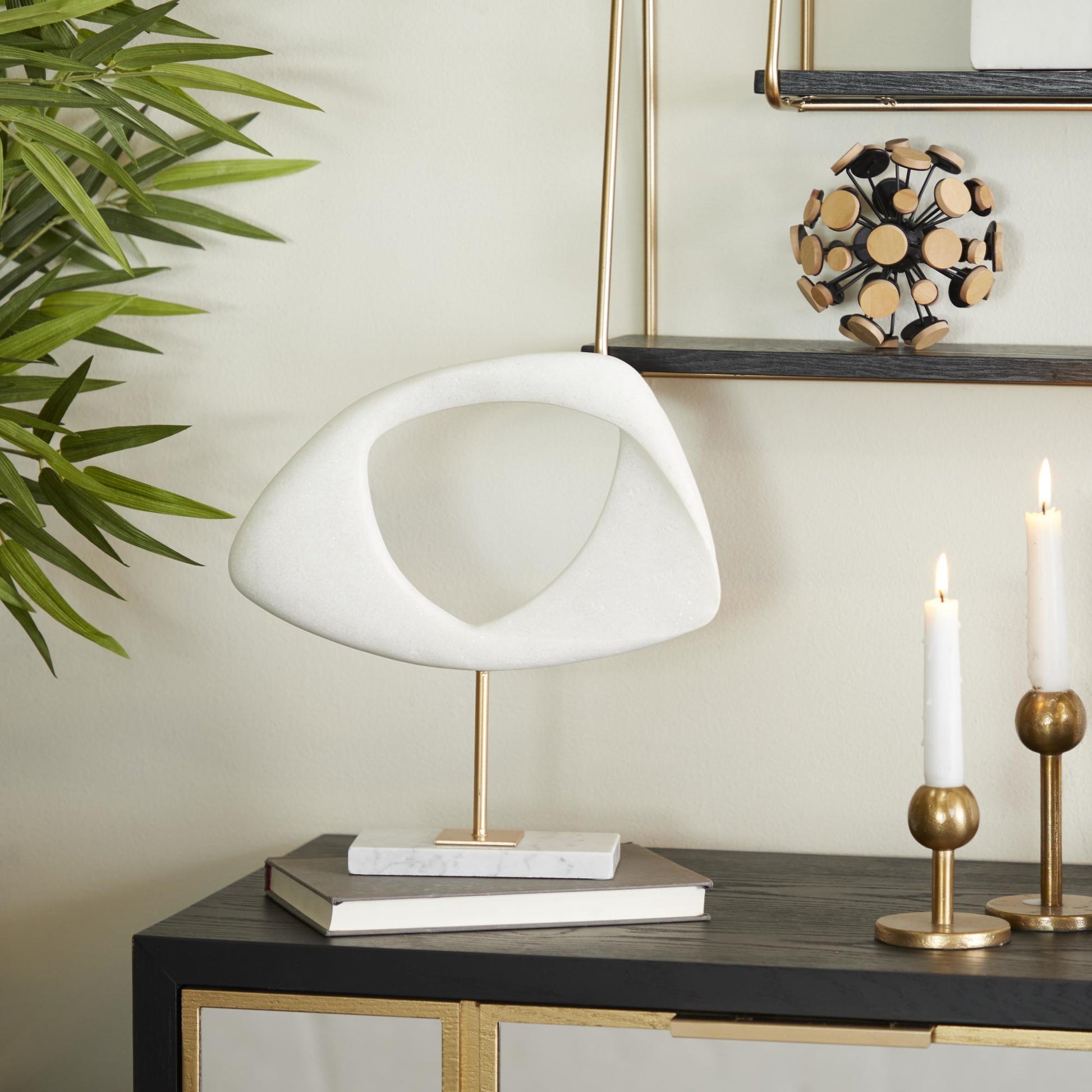 Abstract White Polystone Cut-Out Decorative Sculpture with Marble Stand