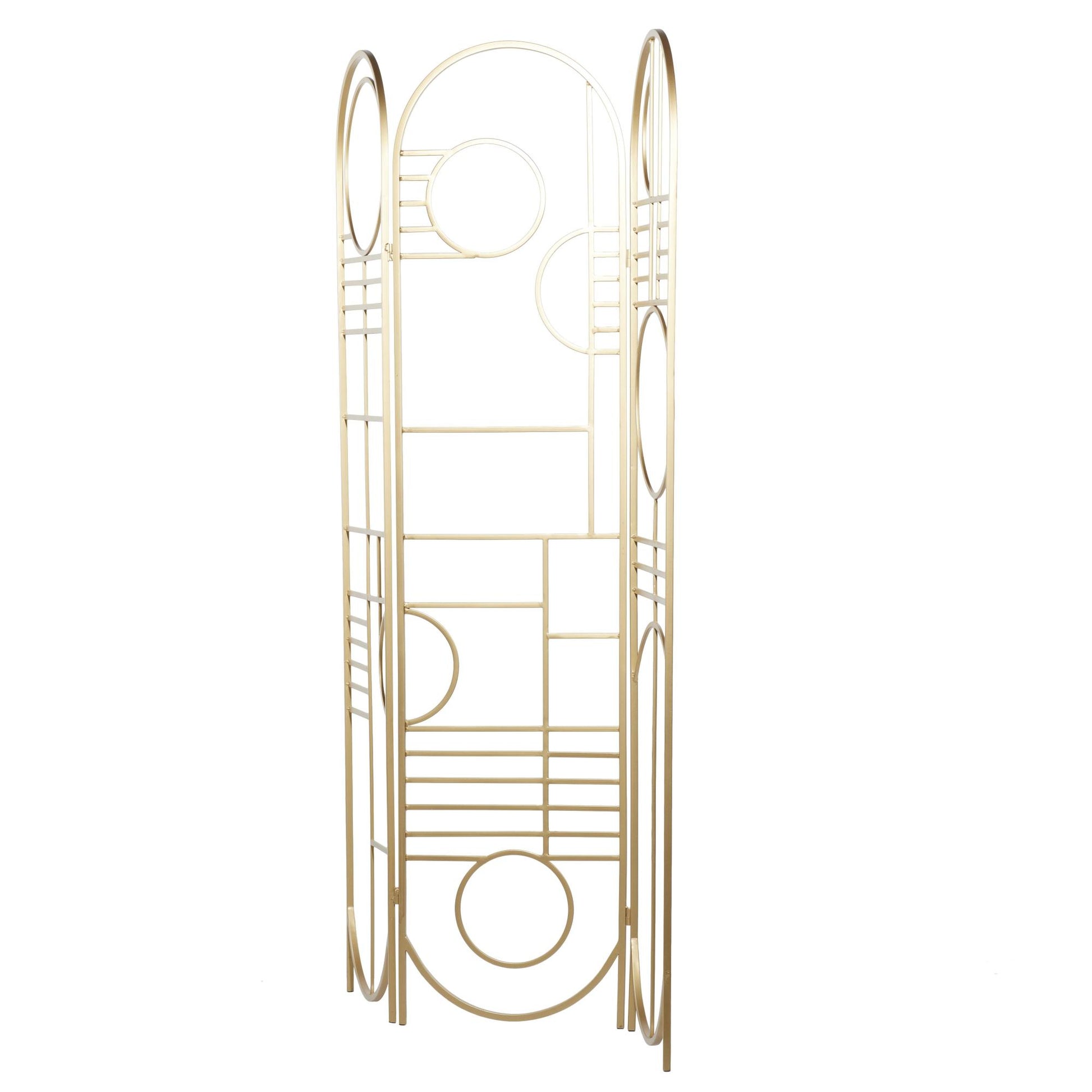 Geometric Gold Metal Hinged Foldable Arched Partition 3 Panel Partition Room Divider Screen