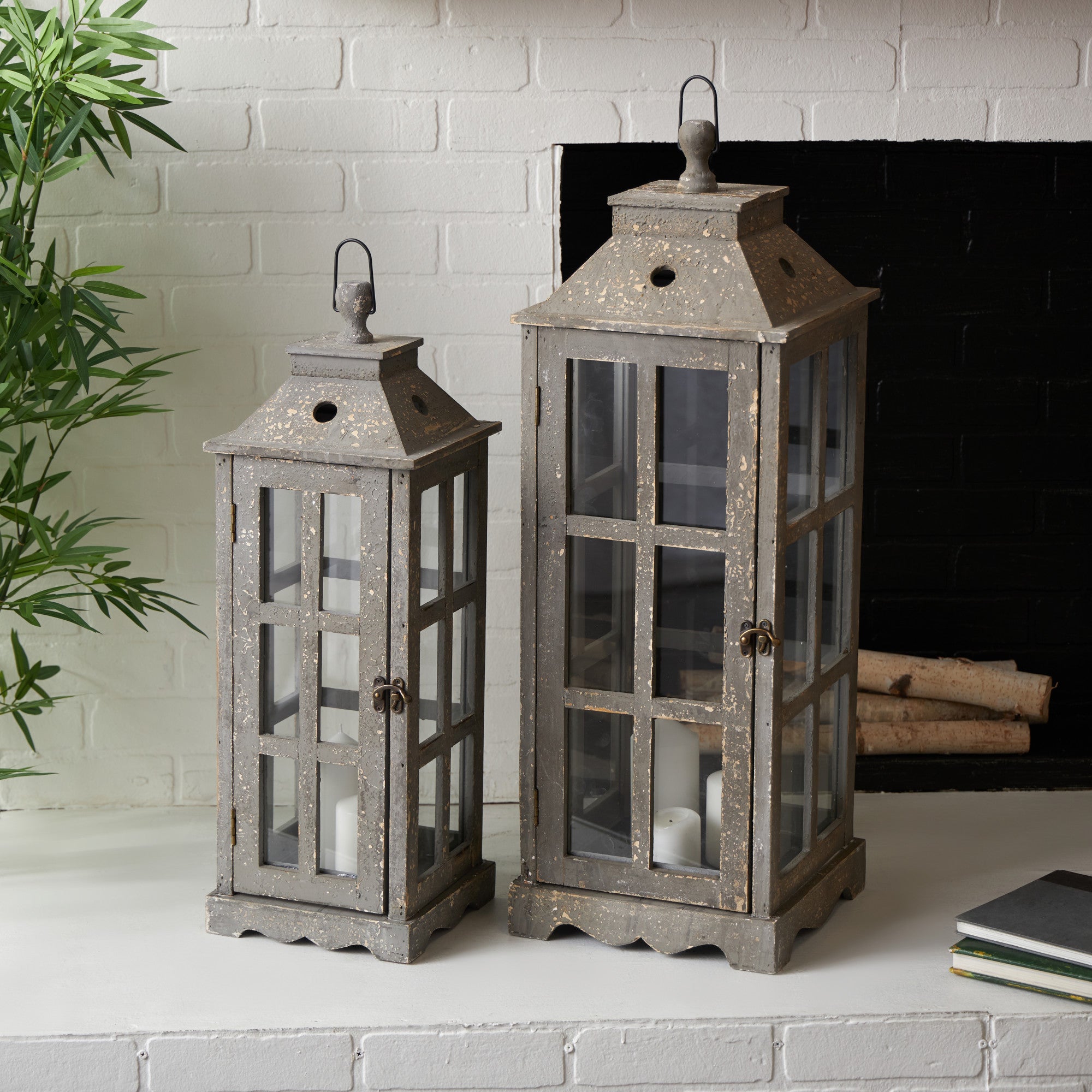 Set of 2 Light House Brown Wood Decorative Indoor Outdoor Candle Lantern