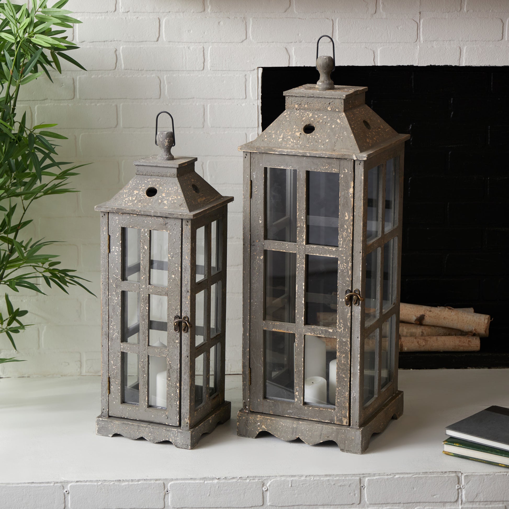 Set of 2 Light House Brown Wood Decorative Indoor Outdoor Candle Lantern