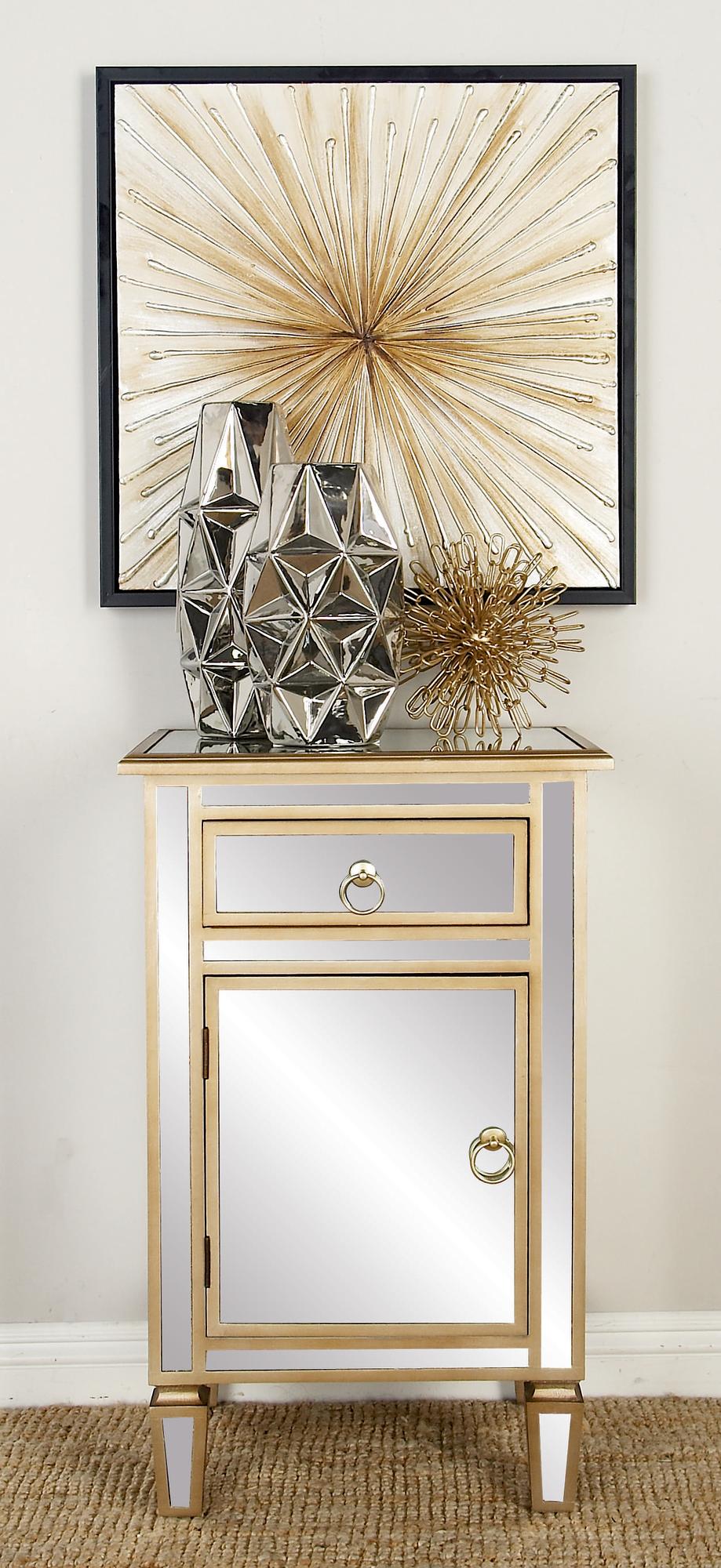Beige Glass Mirrored 1 Door and 1 Drawer Room Cabinet