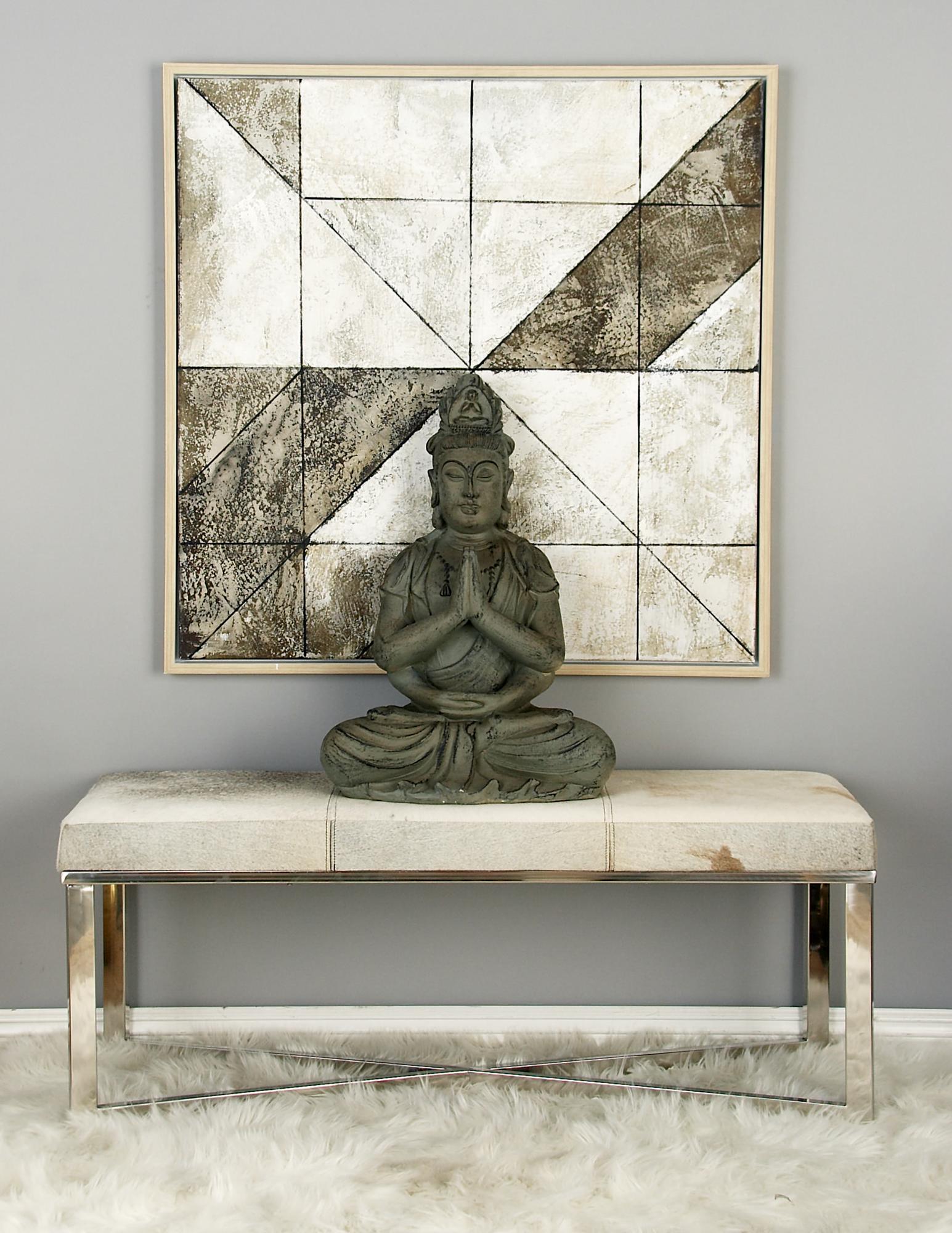 Gray Leather Handmade Cowhide Home Bench with Silver Metal Base