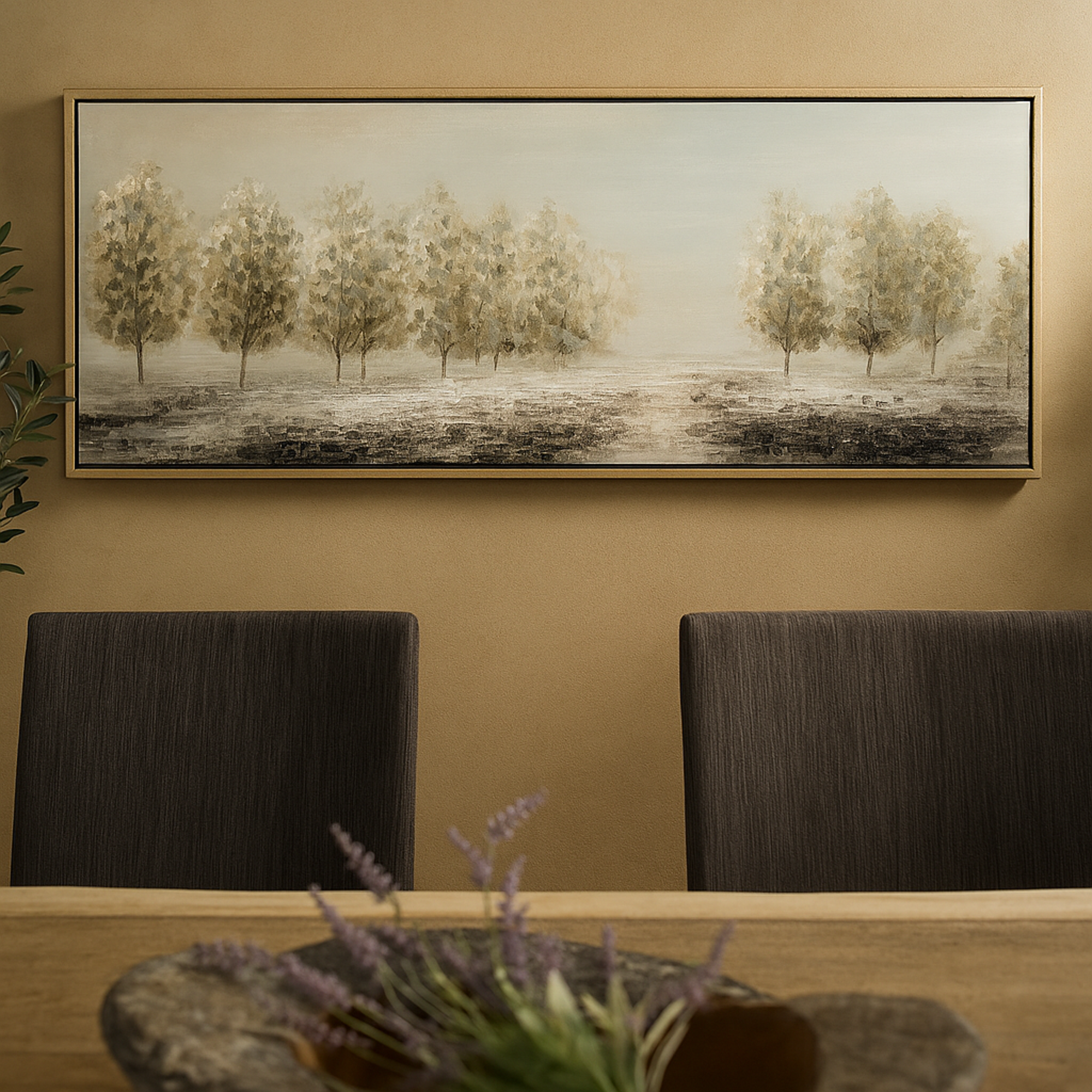 Tree Green Canvas Living Room Framed Wall Art with Tan Frame