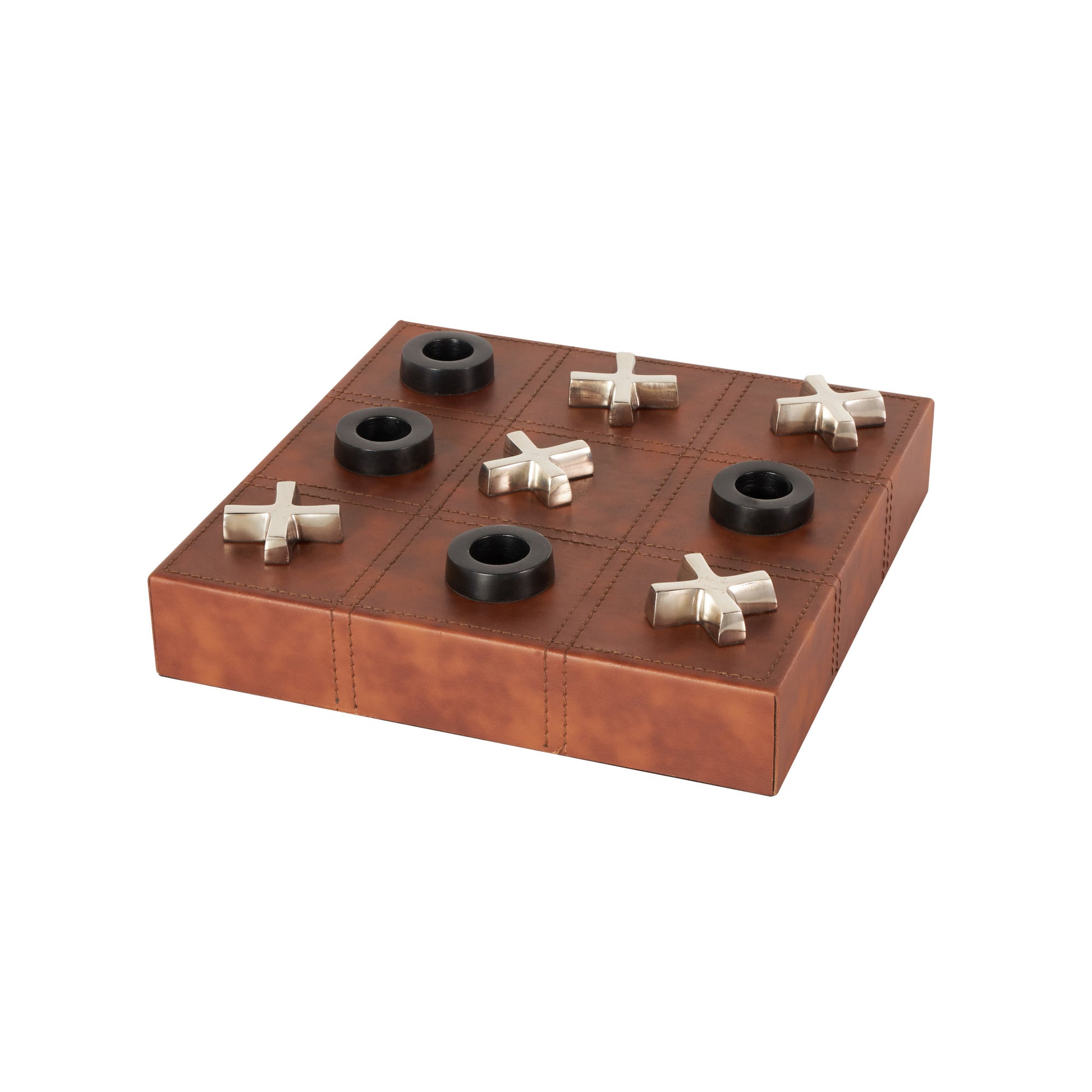 Tic Tac Toe Brown Faux Leather Home Decor Game Set with Black and Silver Pieces