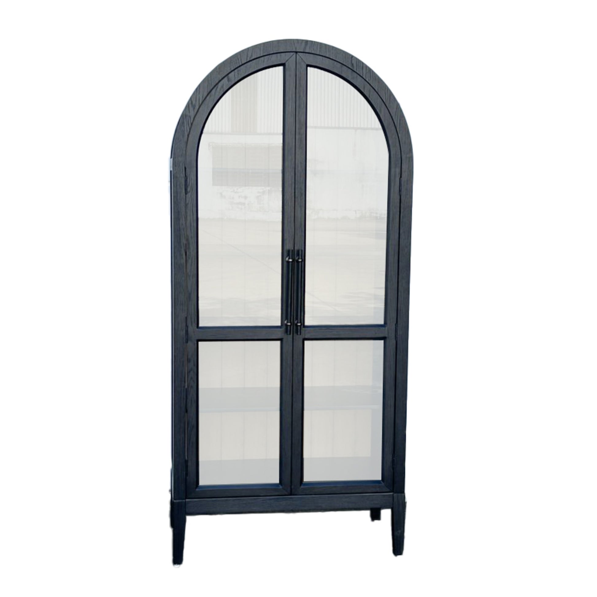 Black Wooden Arched Glass Front 2 Door and 4 Shelf Room Cabinet with Slatted Brown Interior and Extended Bar Handles